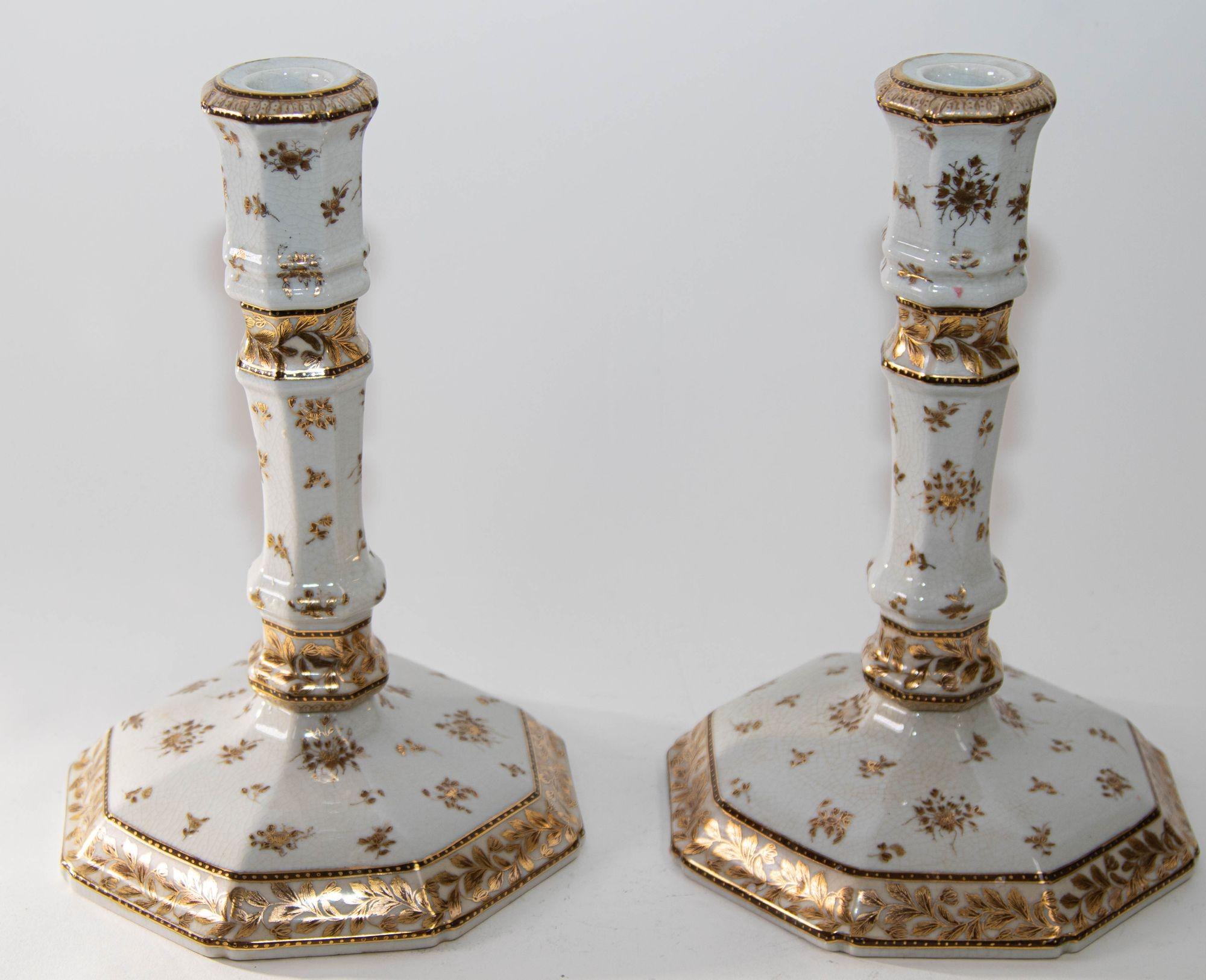 Hong Kong United Wilson Georgian Style Enameled Porcelain Gilded Candlesticks a Pair For Sale