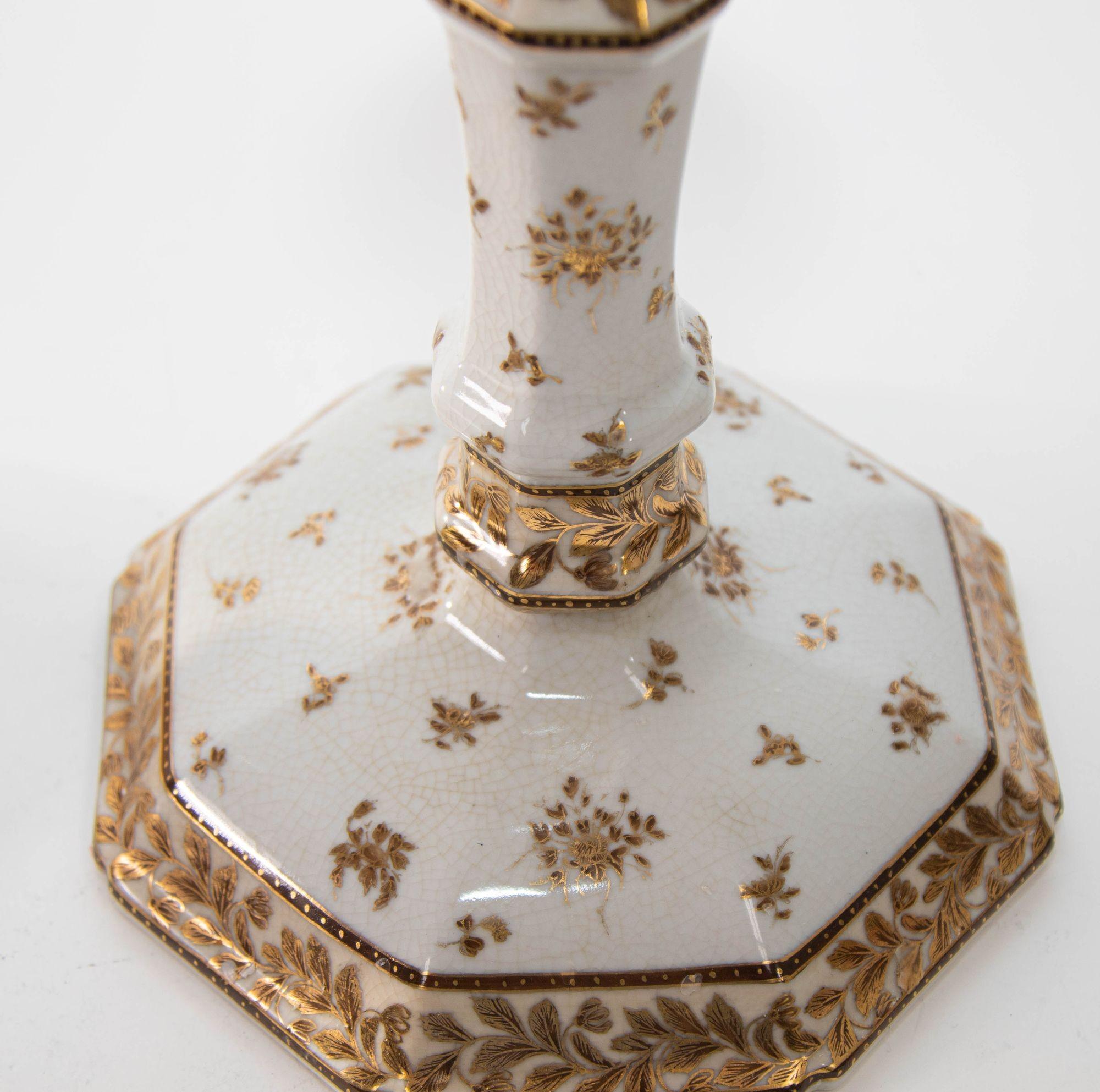 Hand-Crafted United Wilson Georgian Style Enameled Porcelain Gilded Candlesticks a Pair For Sale