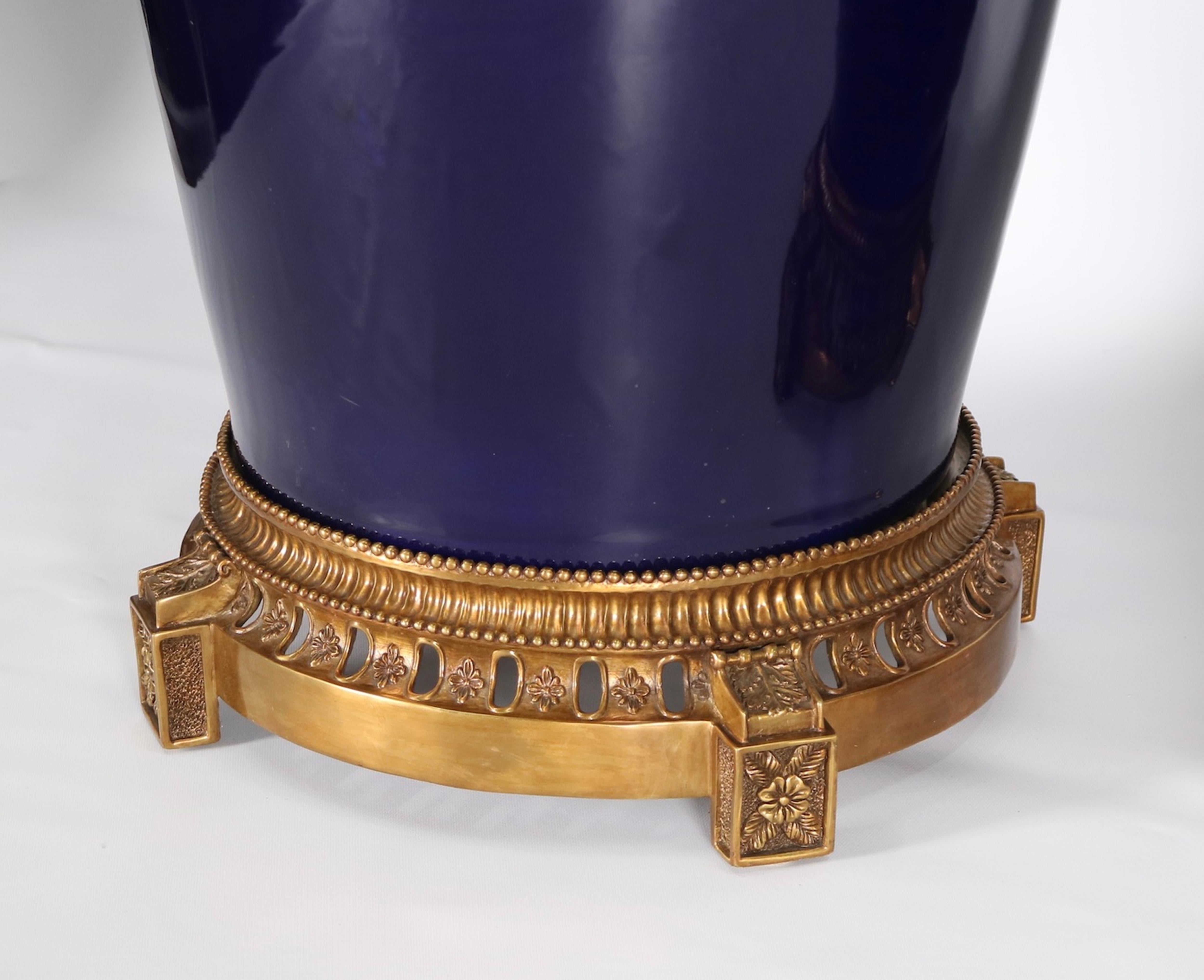 Monumental Hollywood Regency Sevres Style Vases in Cobalt Blue In Excellent Condition In New York, NY