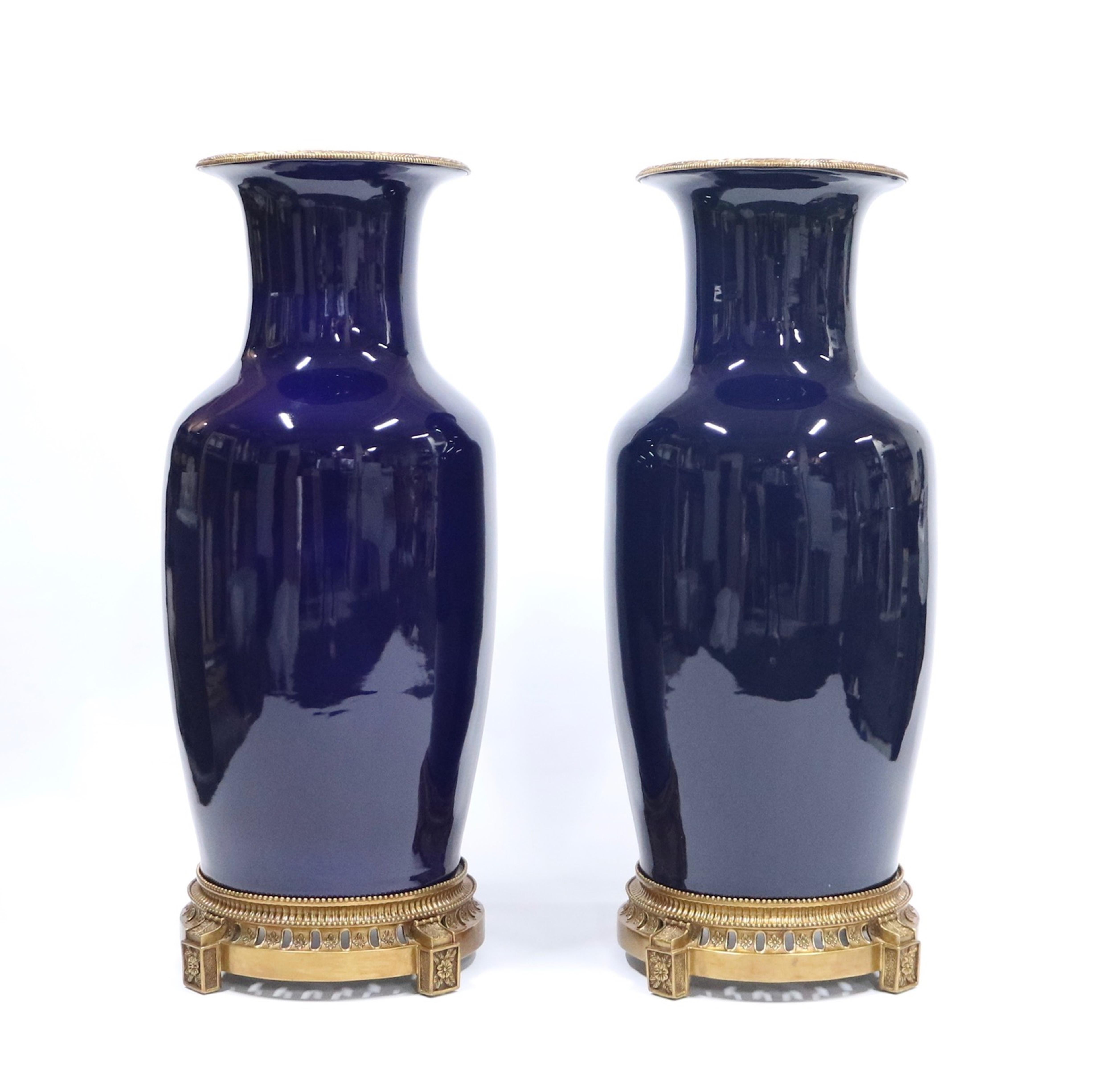 Bronze Monumental Hollywood Regency Sevres Style Vases in Cobalt Blue
