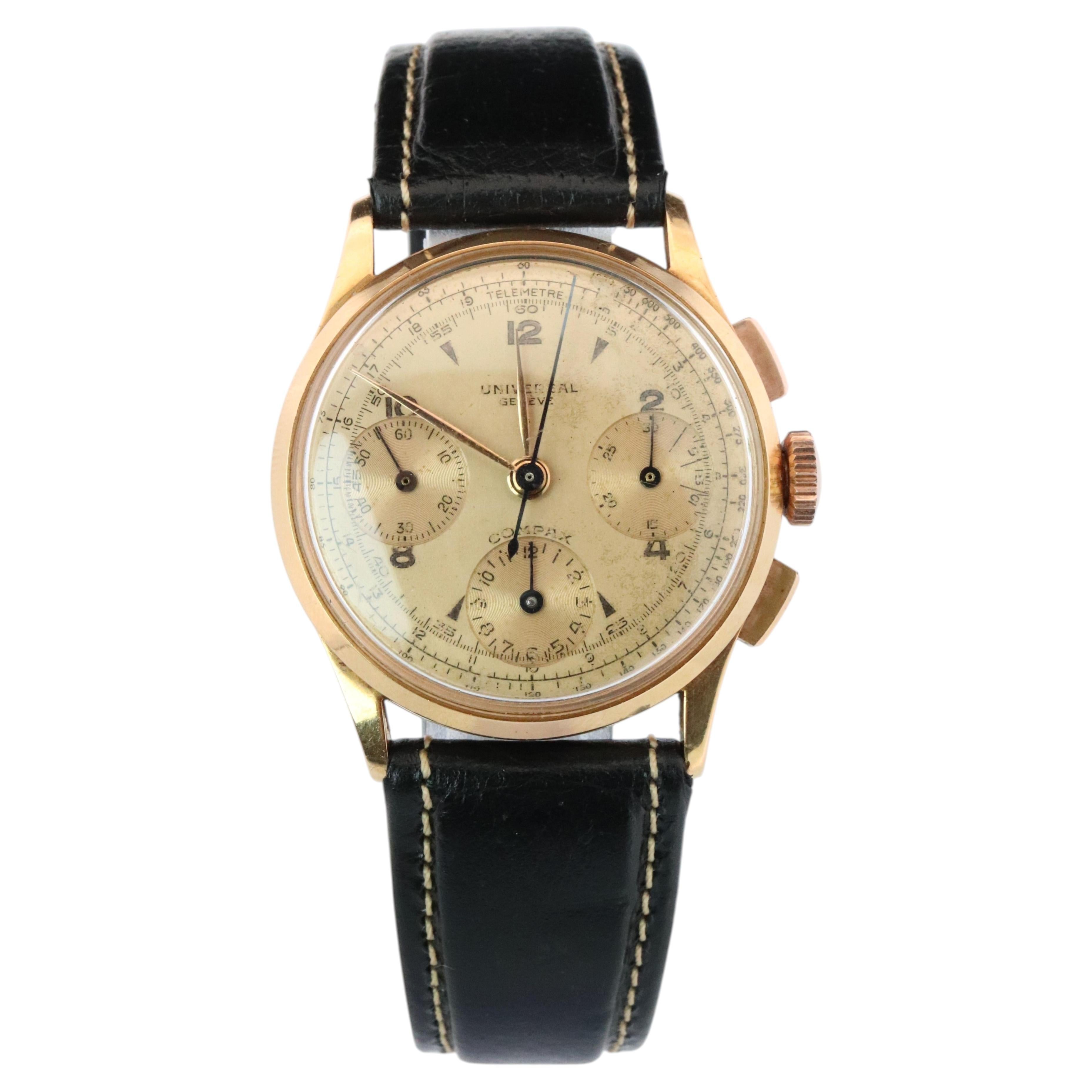 Universal Geneve 12494 Compax. 18k YG Universal Chrono Mechanical Vintage Watch. For Sale