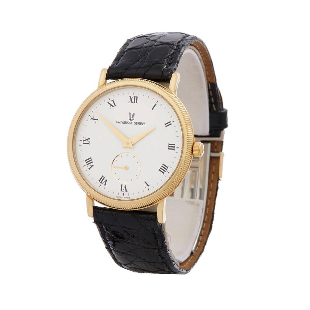 Ref: COM1542
Manufacturer: Universal Geneve
Model: 
Model Ref: 127.146
Age: 
Gender: Mens
Complete With: Box Only
Dial: White Roman 
Glass: Sapphire Crystal
Movement: Automatic
Water Resistance: To Manufacturers Specifications
Case: 18k Yellow