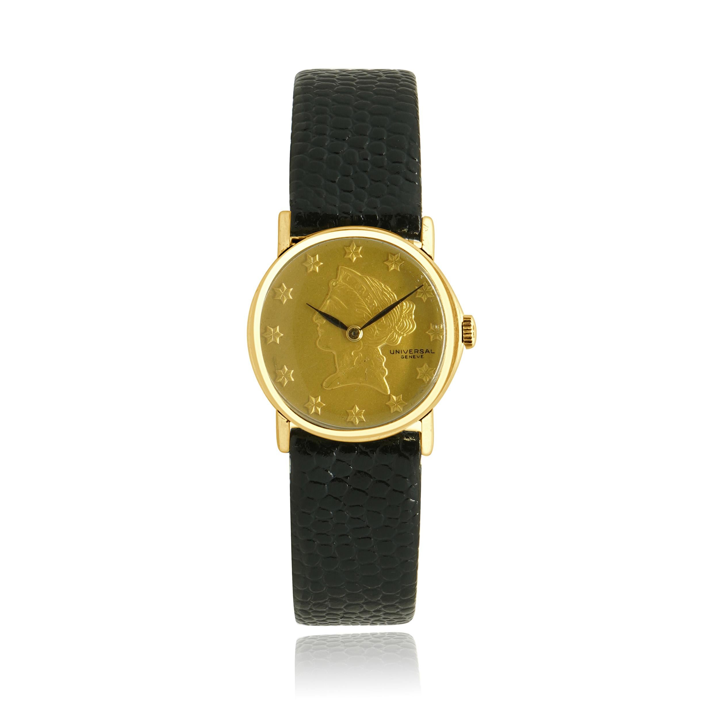 Reloj Universal Geneve de oro amarillo de 14 quilates con esfera de monedas en venta