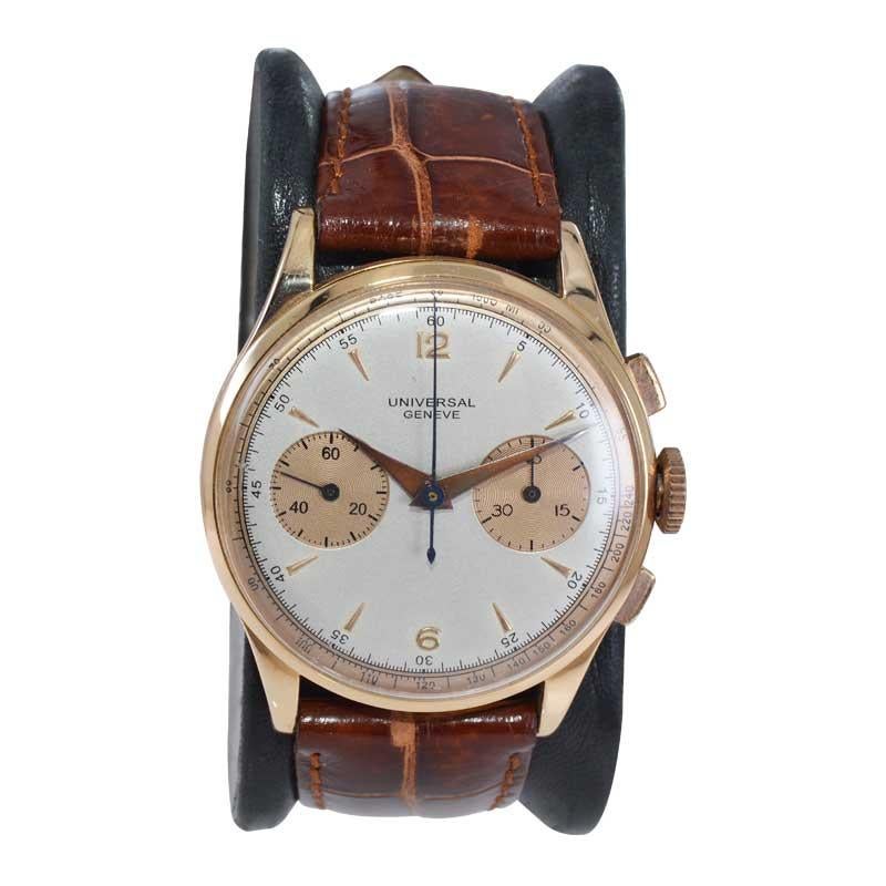 FACTORY / HOUSE: Universal Geneve Watch Company
STYLE / REFERENCE: Two Register Chronograph 
METAL / MATERIAL: 18Kt. Rose Gold
CIRCA / YEAR: 1940
DIMENSIONS / SIZE: Length 45mm X Diameter 37mm
MOVEMENT / CALIBER: Manual Winding / 17 Jewels /  Cal.