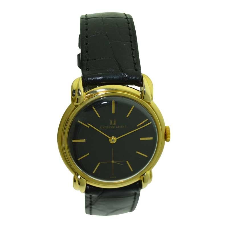 FACTORY / HOUSE: Universal Geneve Watch Company
STYLE / REFERENCE: Mid Century Moderne
METAL / MATERIAL:  18Kt. Yellow Gold
CIRCA / YEAR: 1950's
DIMENSIONS / SIZE: 38mm X 34 mm
MOVEMENT / CALIBER: Manual Winding / 17 Jewels 
DIAL / HANDS:
ATTACHMENT