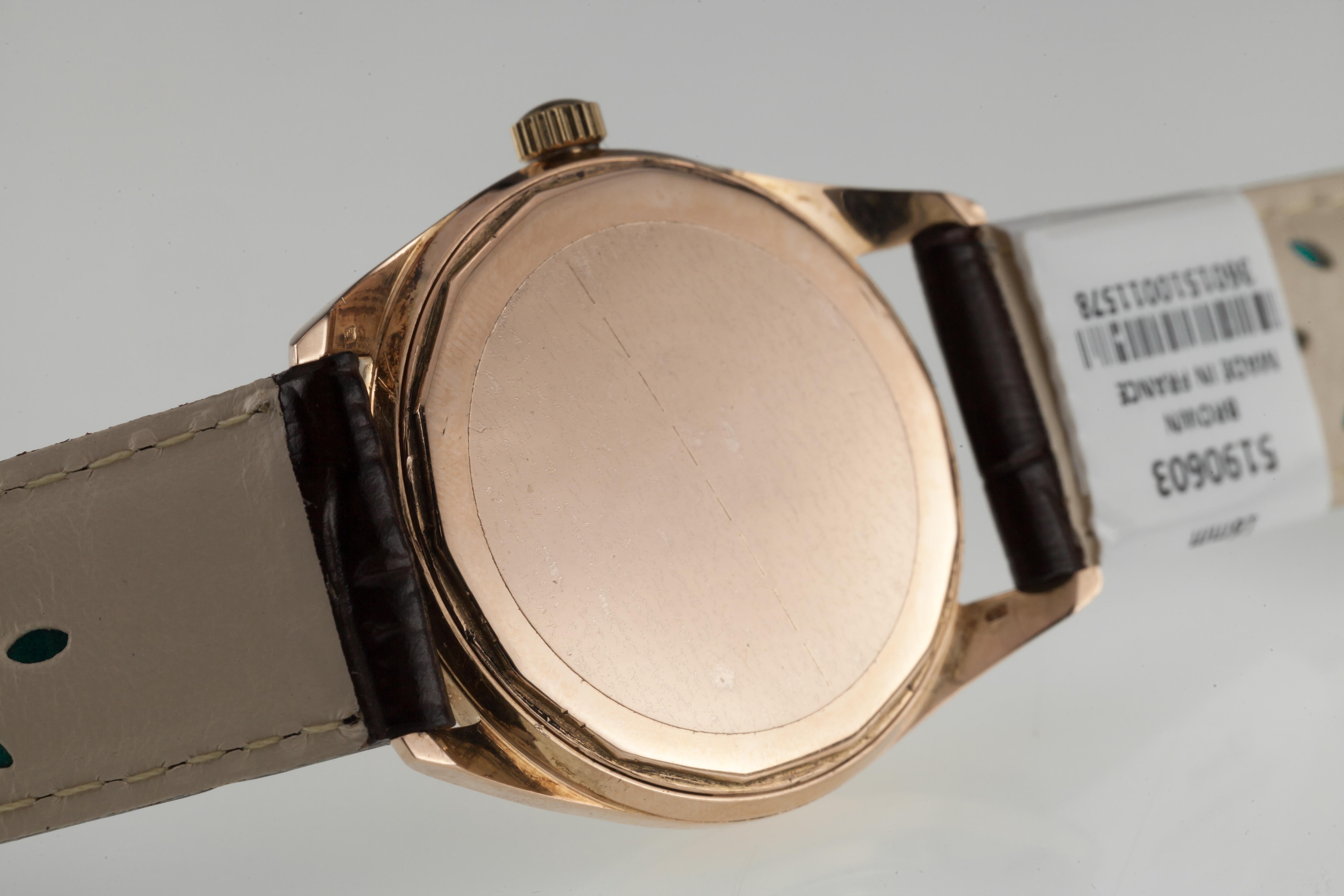 Modern Universal Geneve 18k Rose Gold Automatic Polerouter Date w/ Leather Band 69 For Sale