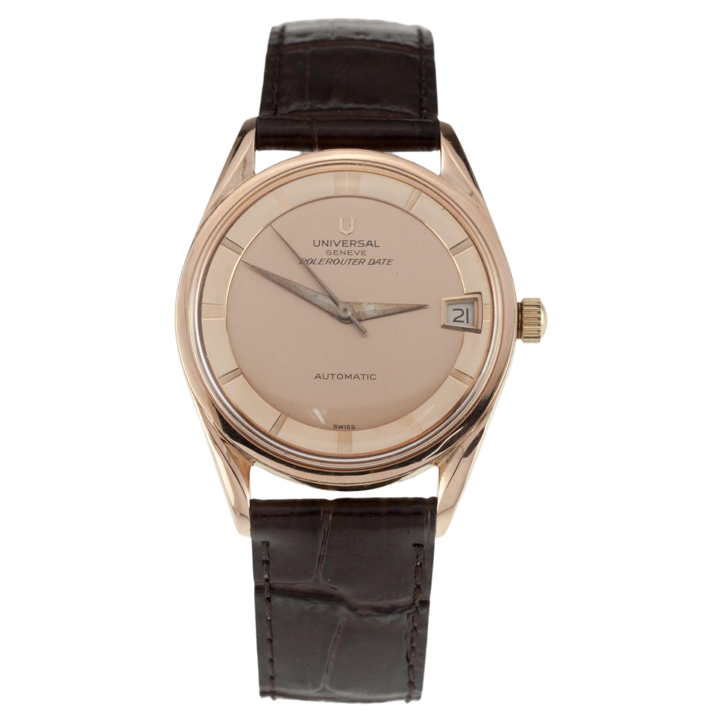Universal Geneve 18k Rose Gold Automatic Polerouter Date w/ Leather Band 69 For Sale