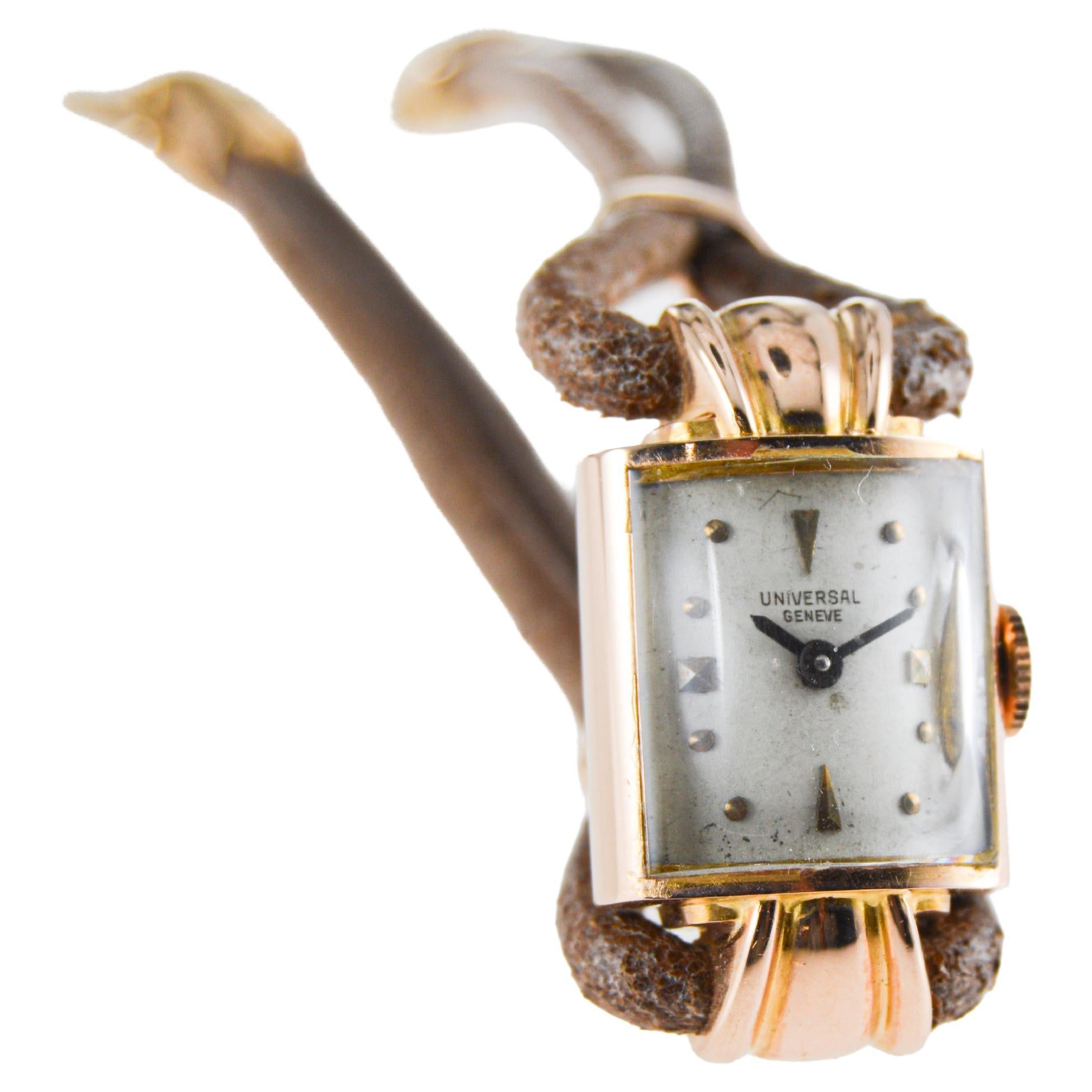 Universal Geneve 18Kt Pink Gold Art Deco Ladies Watch Hand Made from 1940's In Excellent Condition For Sale In Long Beach, CA