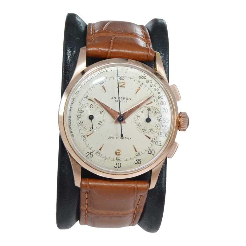 FACTORY / HOUSE: Universal Geneve Watch Company
STYLE / REFERENCE: Round Classic / Reference 22445
METAL / MATERIAL: 18Kt. Rose Gold
CIRCA / YEAR: 1940's
DIMENSIONS / SIZE: 40mm X 34mm
MOVEMENT / CALIBER: Manual Winding / 17 Jewels / Cal.285
DIAL /