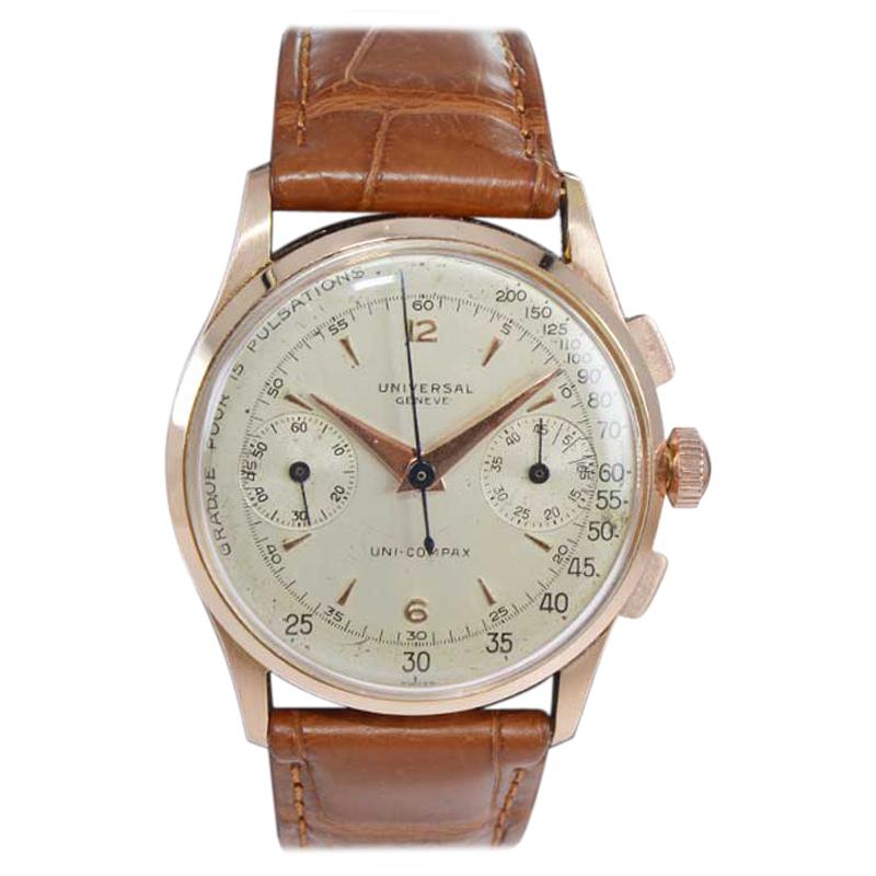 Universal Genève 18 Karat Solid Rose Gold Art Deco Drs. Chronograph from 1940s