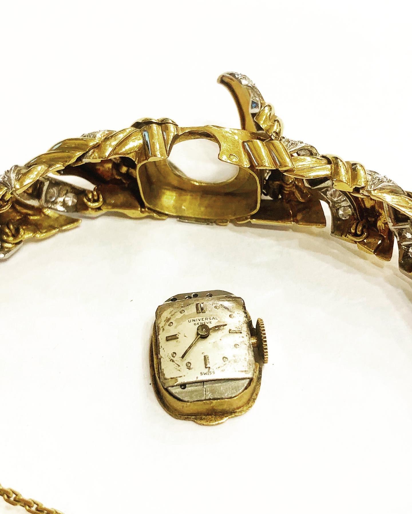 Universal Geneve 1950er Jahre 18k Gelb- und Weißgold, Diamanten Armband im Angebot 5