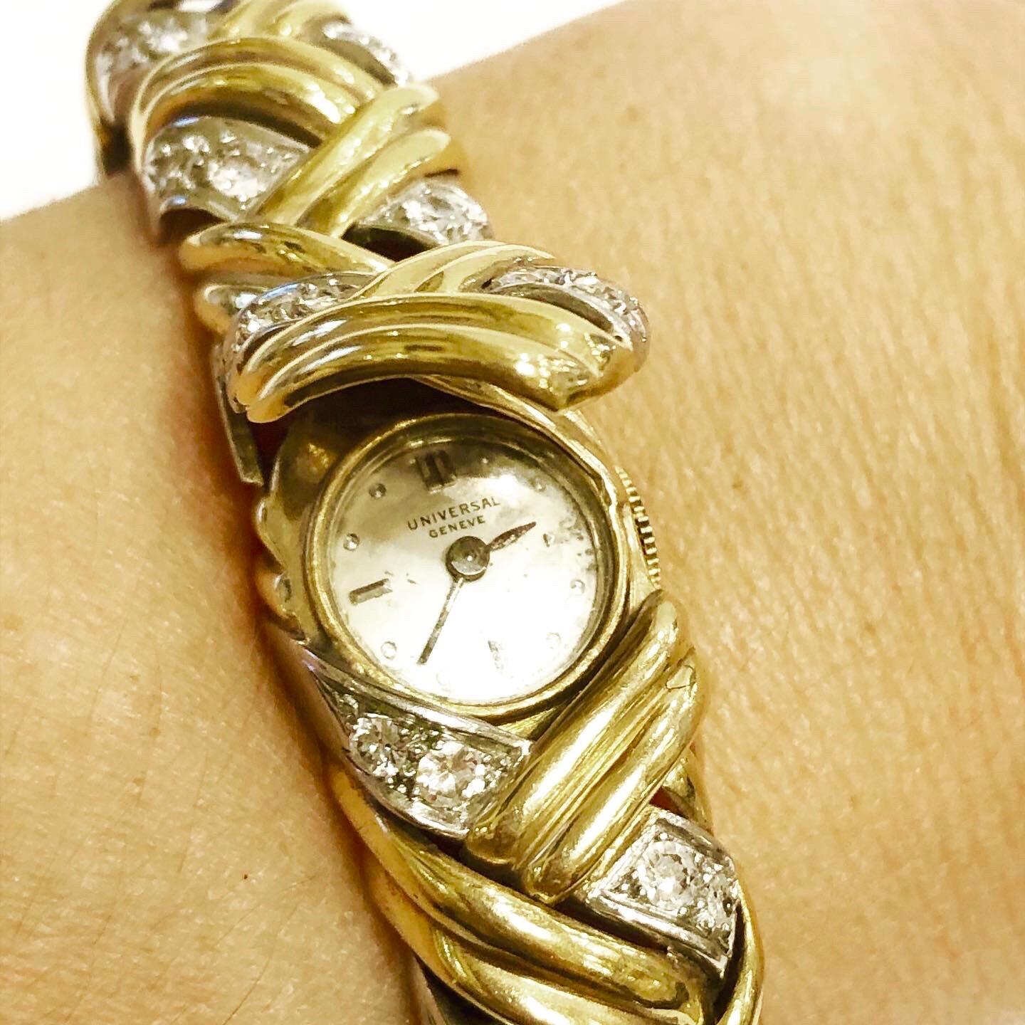 Universal Geneve 1950s 18k Yellow and White Gold, Diamonds Bracelet For Sale 6