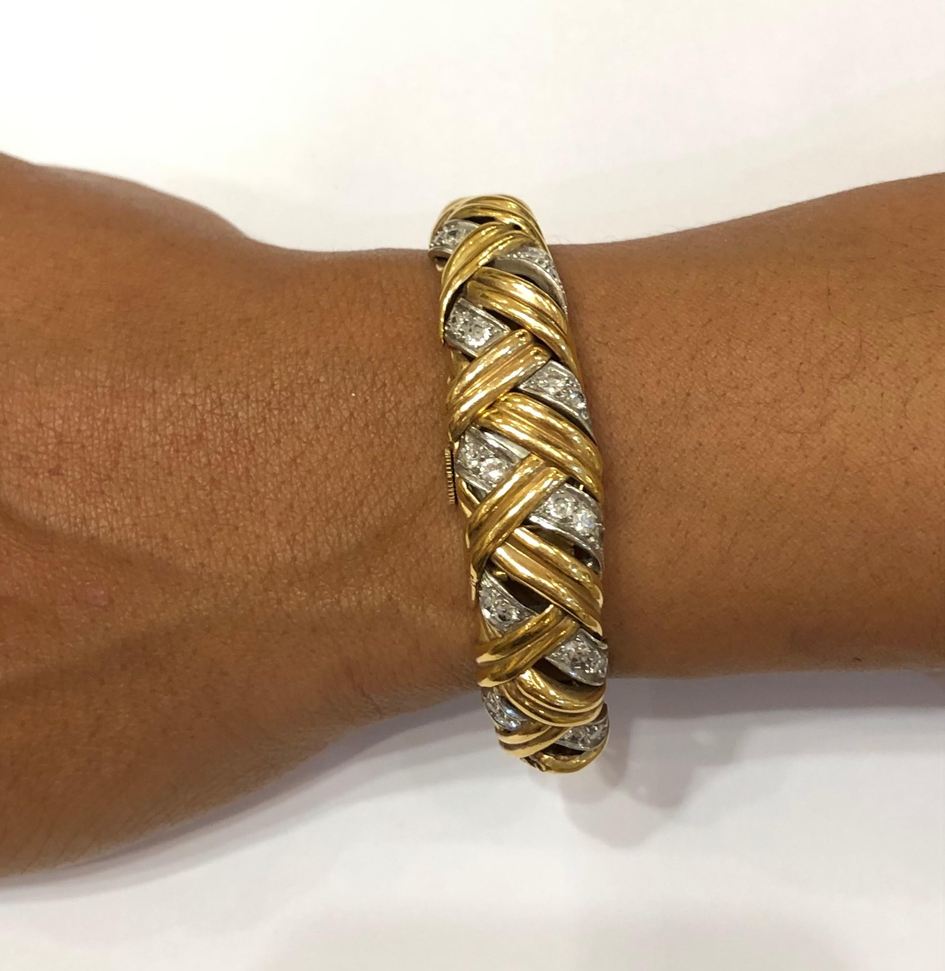 Universal Geneve 1950er Jahre 18k Gelb- und Weißgold, Diamanten Armband im Angebot 8