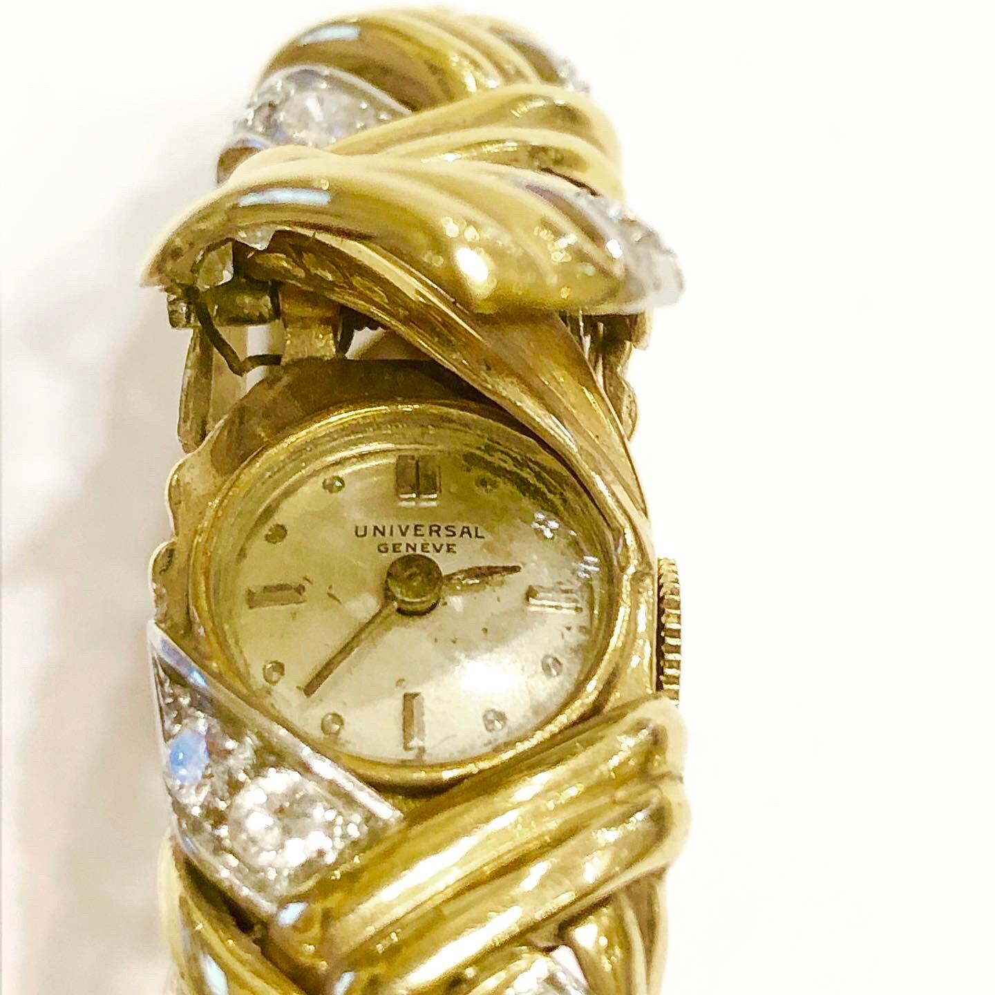 Brilliant Cut Universal Geneve 1950s 18k Yellow and White Gold, Diamonds Bracelet For Sale