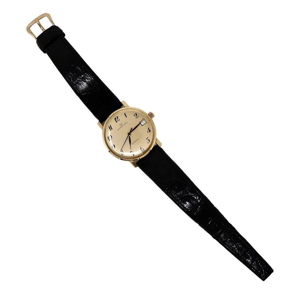 UNIVERSAL GENEVE, AUTOMATIC 14K YELLOW GOLD  MEN’S WRIST WATCH, 
CIRCA: 1970
CASE MATERIAL: 14k Yellow Gold
CASE SIZE: 33mm round x 5.2mm thick
CRYSTAL: Acrylic.
MOVEMENT NUMBER: Unknown
CASE NUMBER: 37490
STYLE: Automatic
STRAP MATERIAL: Original