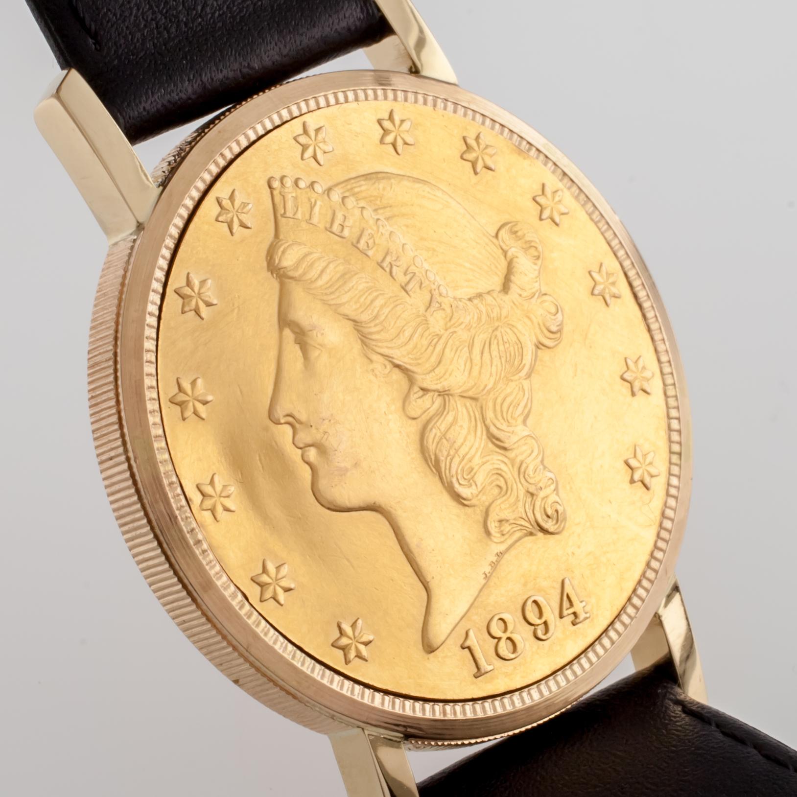 Universal Geneve Montre Liberty à remontoir à la main en or 20 $ pour hommes avec bracelet en cuir en vente 5