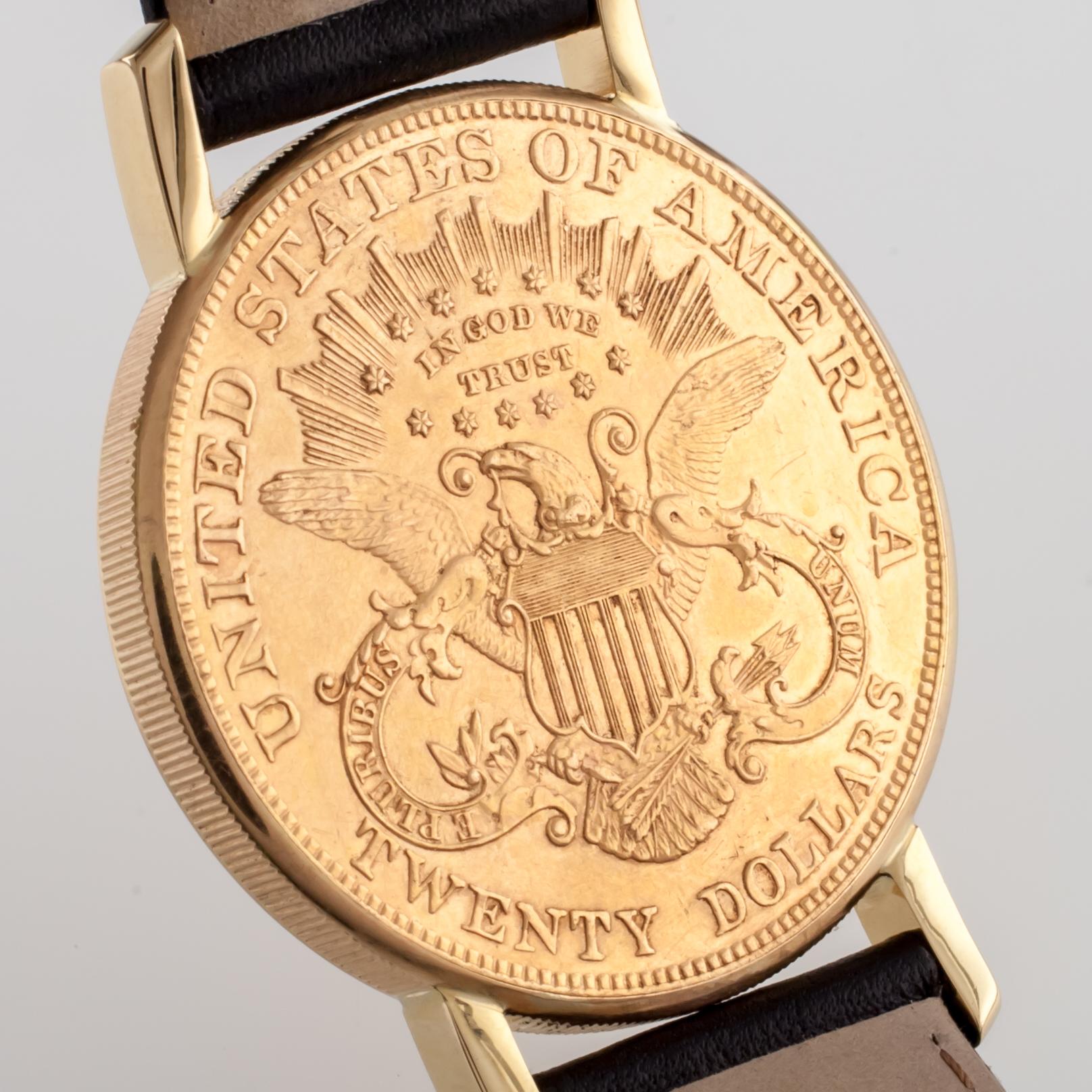 Universal Geneve Montre Liberty à remontoir à la main en or 20 $ pour hommes avec bracelet en cuir en vente 4