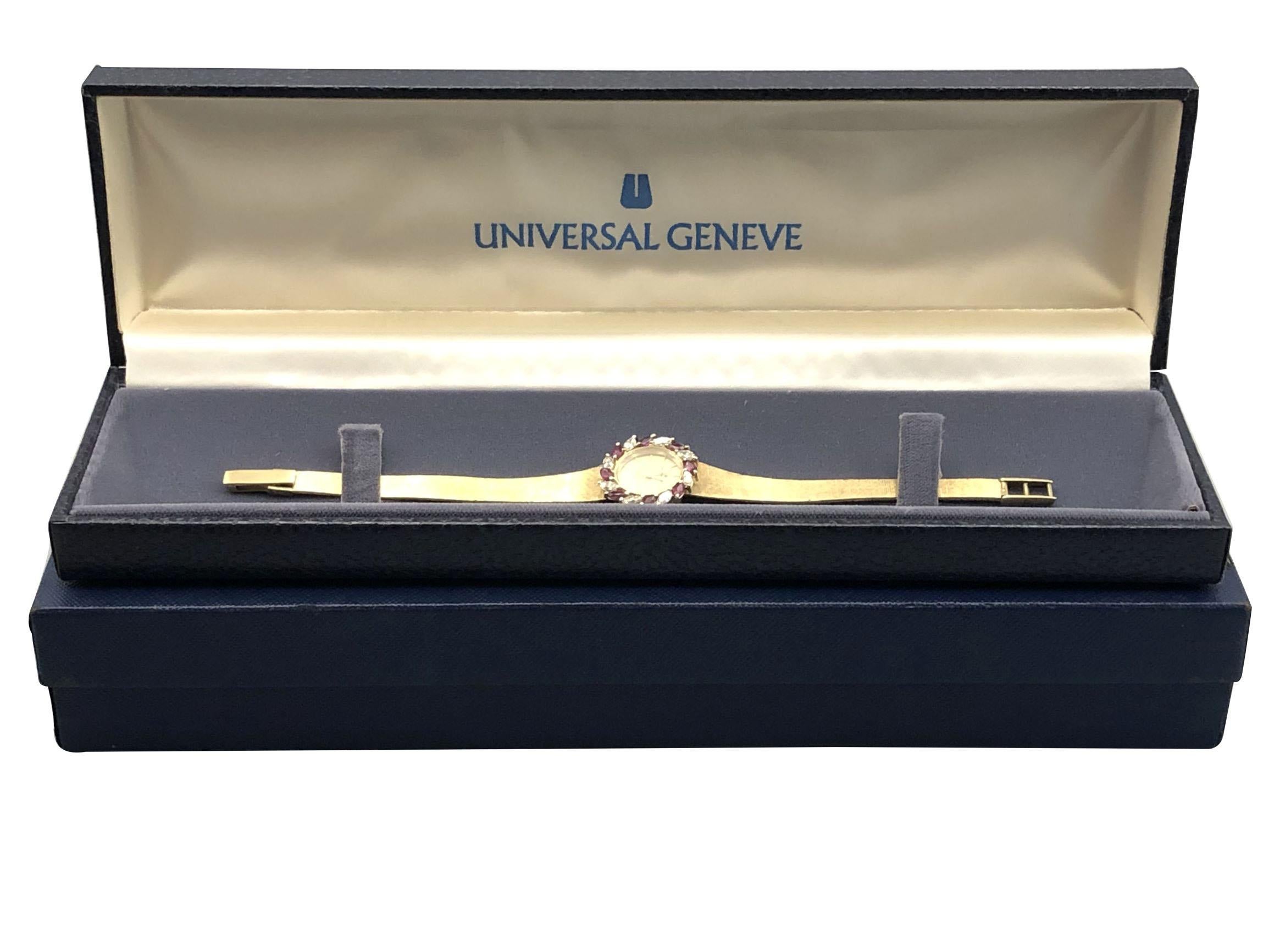 Marquise Cut Universal Geneve Golden Shawdow Gold Diamonds and Rubies Quartz Wristwatch