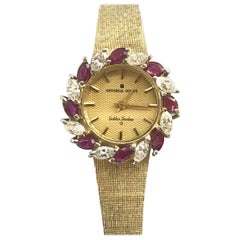 Retro Universal Geneve Golden Shawdow Gold Diamonds and Rubies Quartz Wristwatch