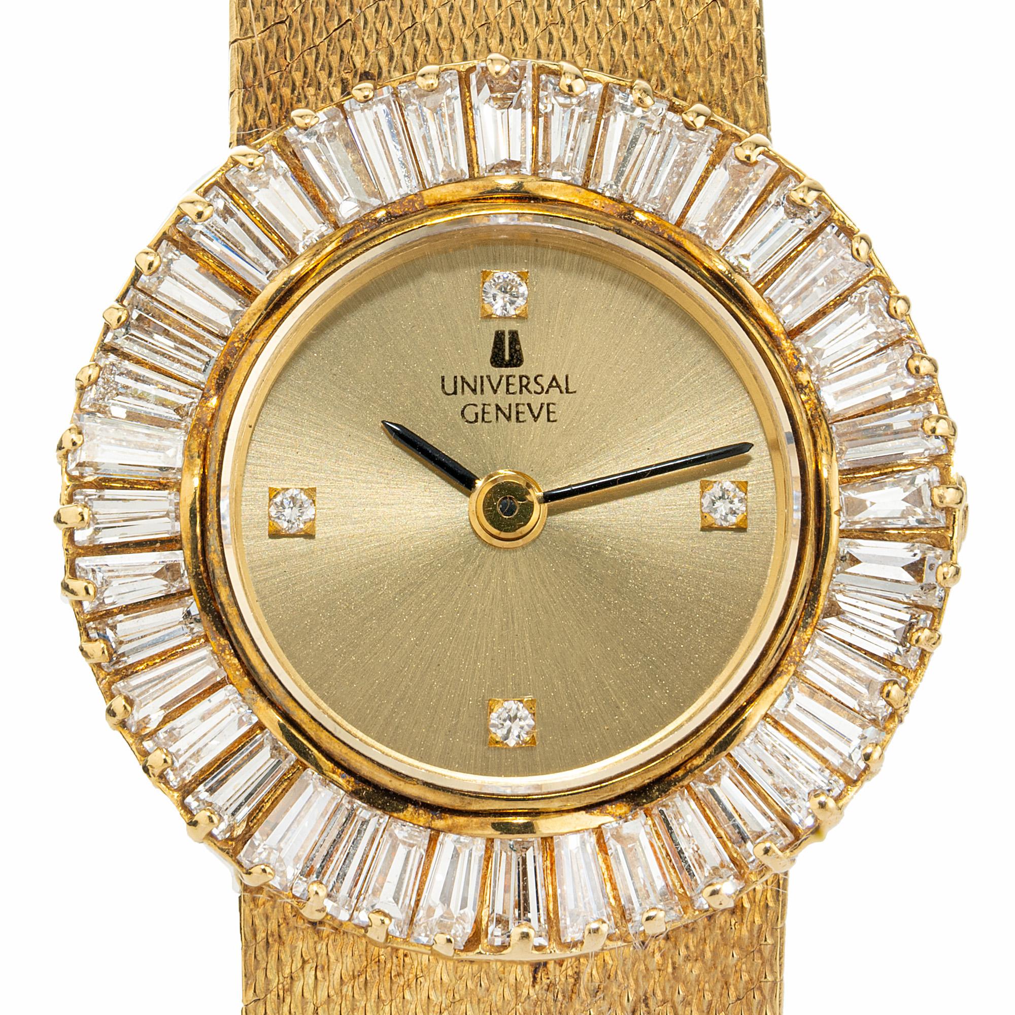Universal Geneve ladies 18k yellow gold dress watch with a baguette diamond bezel. The watch has a sleek gold dial with four round diamonds as markers for the twelve, three, six, and nine positions. The mesh bracelet is 18k yellow gold with a full
