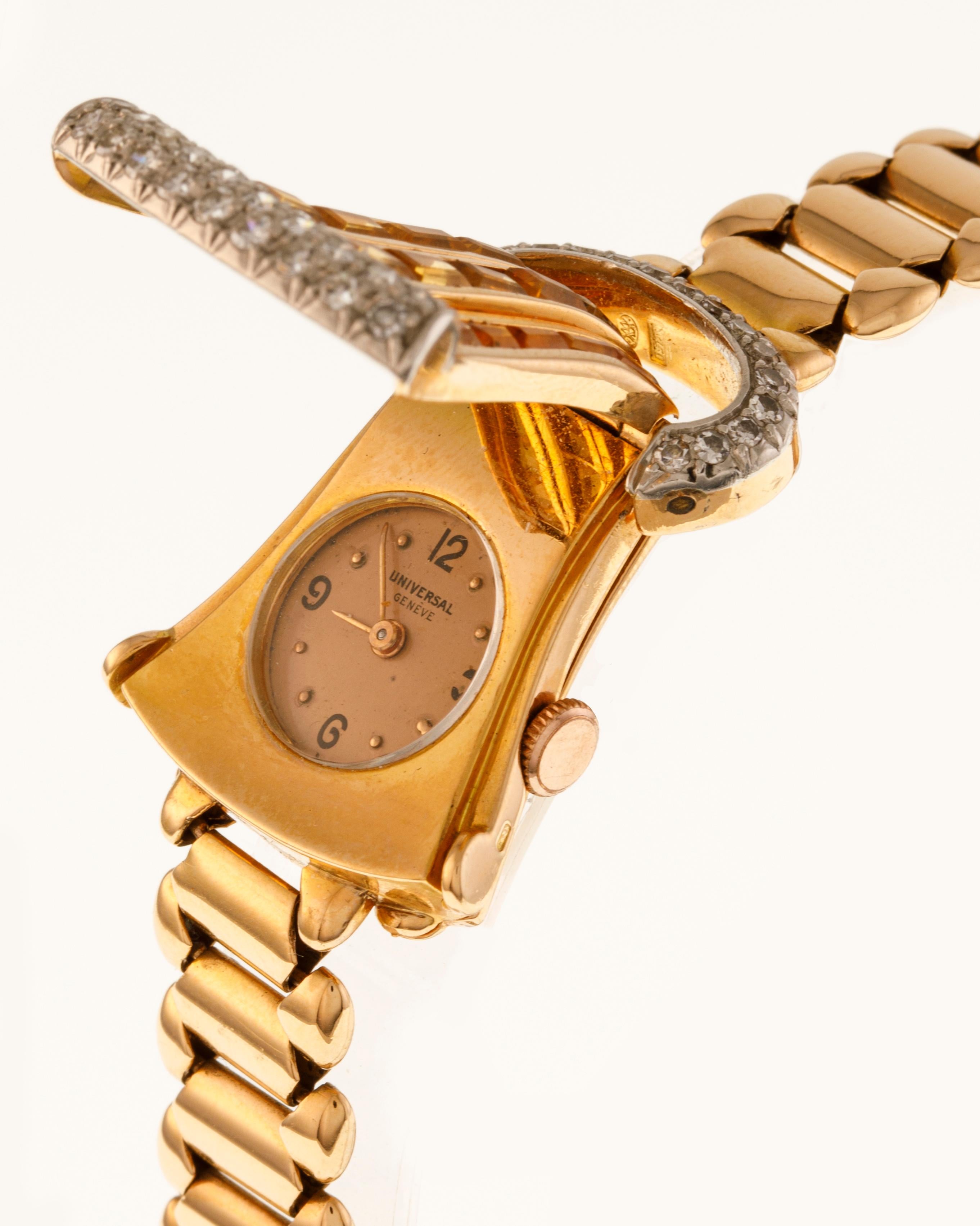 Art Deco Universal Genève Lady Jewelry Bracelet Watch 18kt Rose Gold Diamonds and Quartz For Sale
