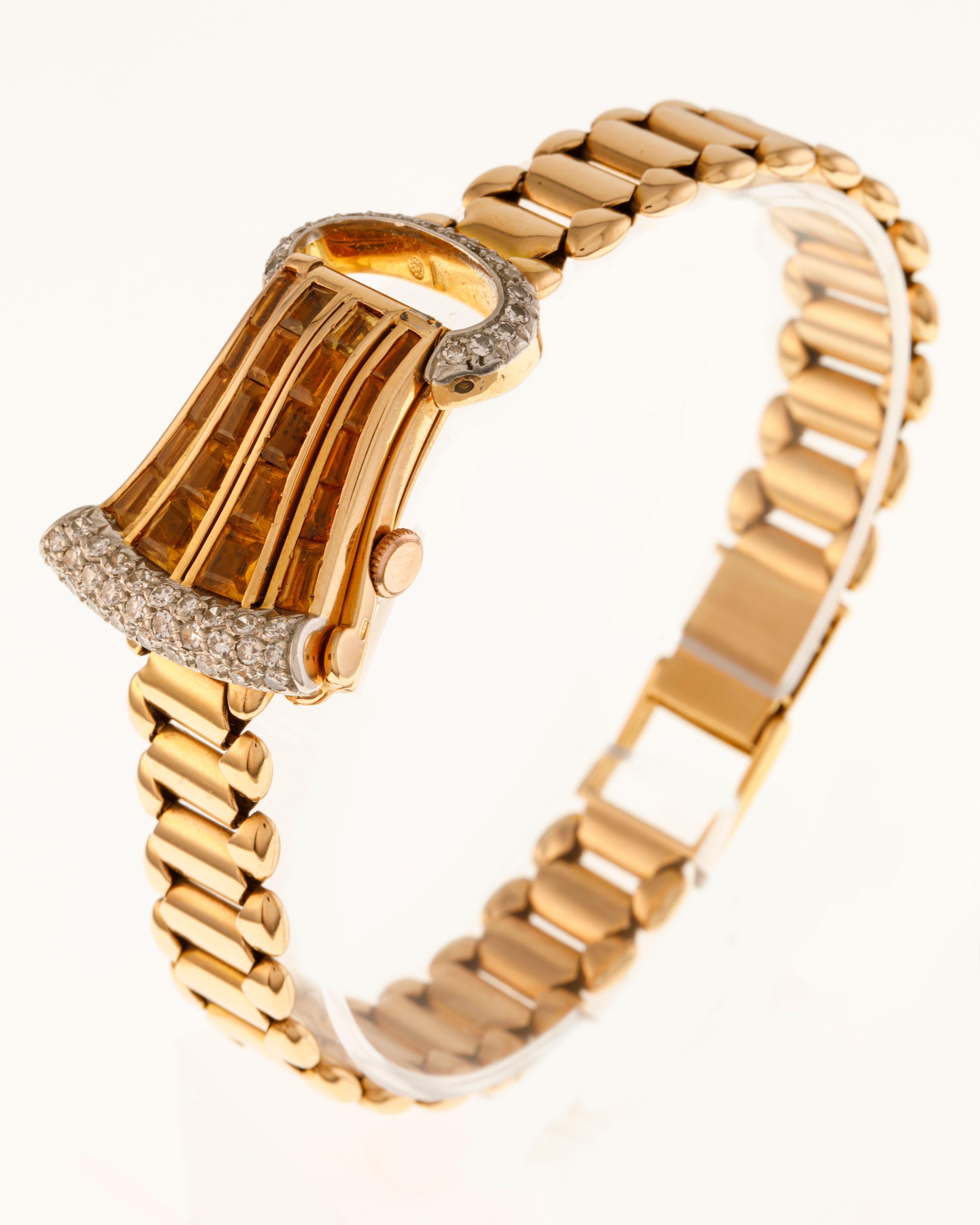 Round Cut Universal Genève Lady Jewelry Bracelet Watch 18kt Rose Gold Diamonds and Quartz For Sale