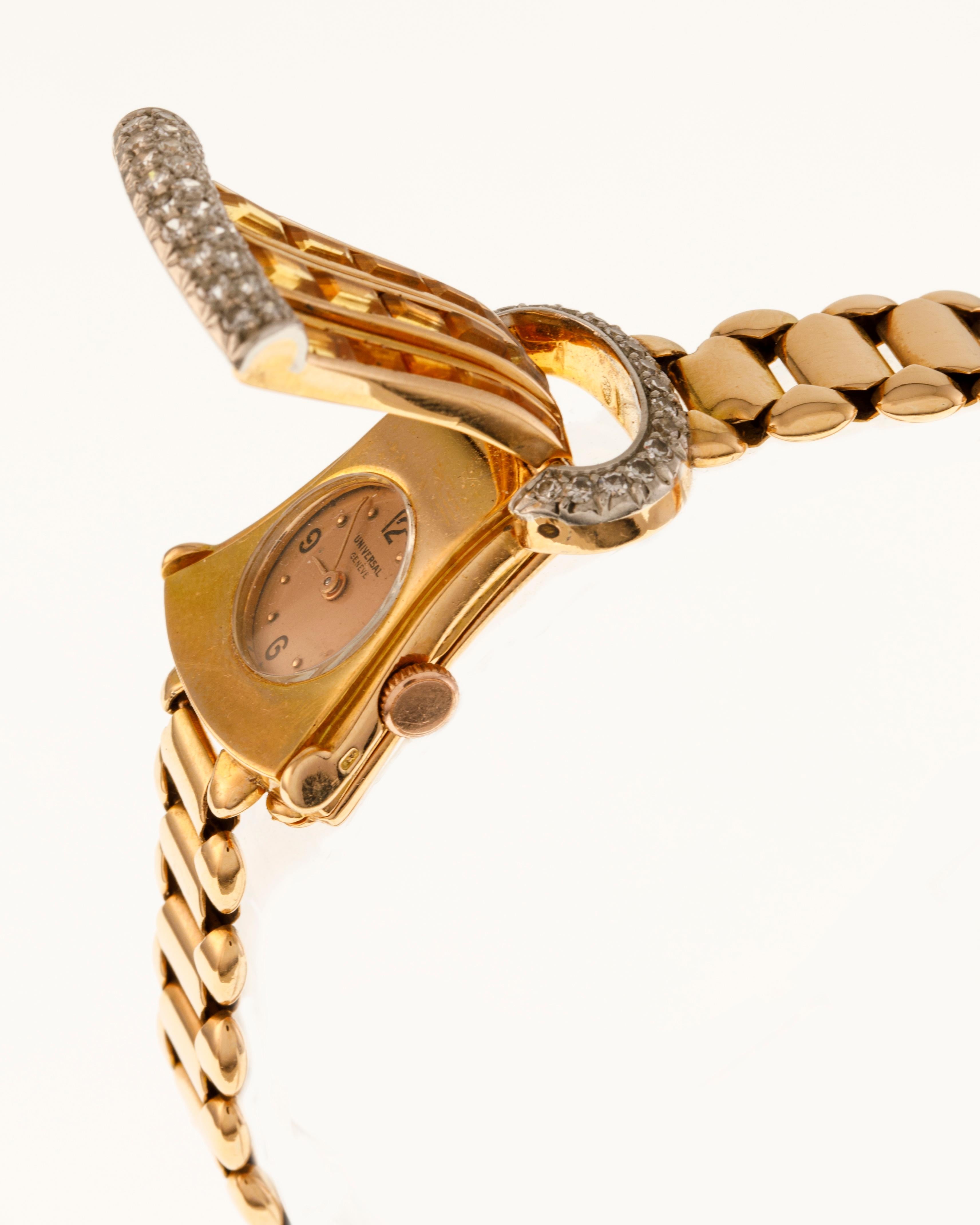 Universal Genève Lady Jewelry Bracelet Watch 18kt Rose Gold Diamonds and Quartz For Sale 1