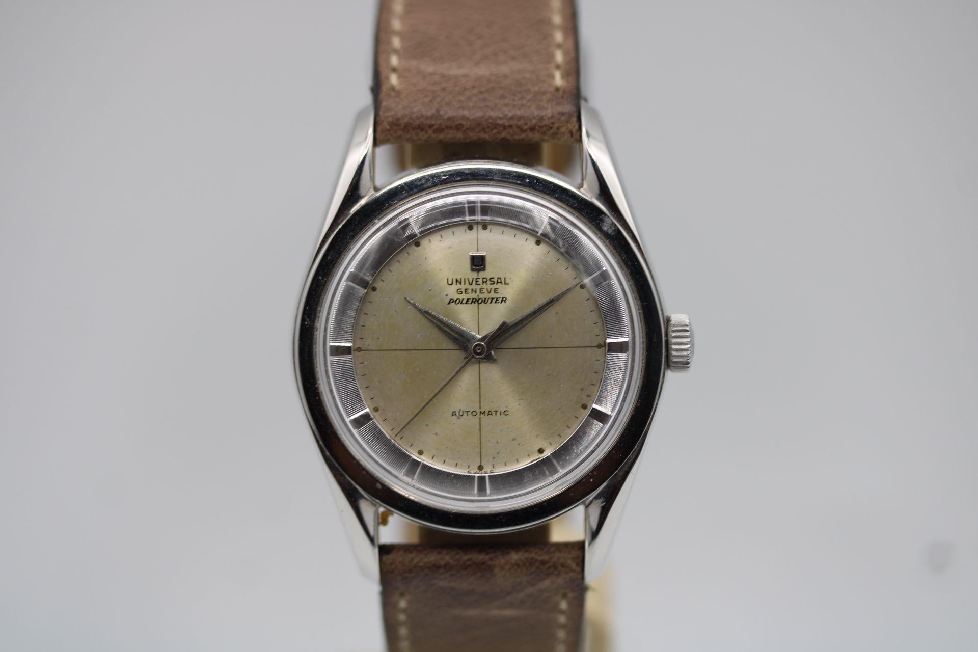 A truly fine example of the iconic Universal Genève Polerouter, this model is the 20217-5 version automatic bumper dating back to around 1955 by the serial number. Its been very well looked after and appears to be all original.  

36mm stainless