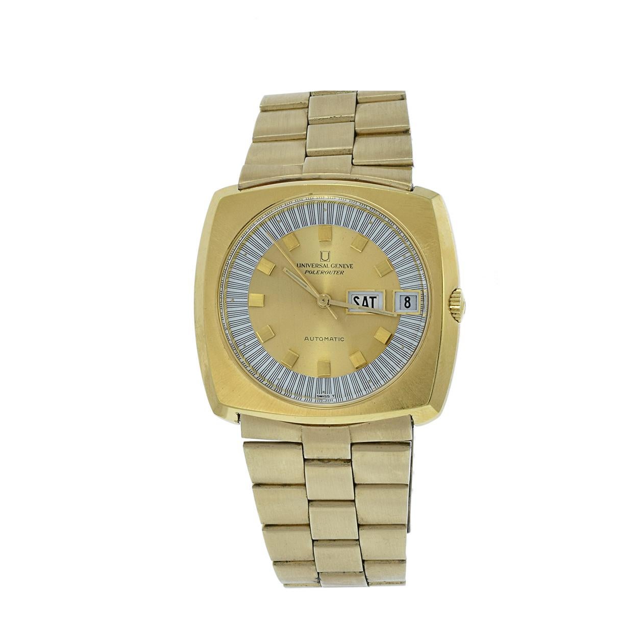 The vintage 1970s Rare Universal Genève Polerouter Automatic timepiece is a distinctive and sought-after watch. Encased in a 40mm square gold-plated case and bracelet, it exudes the characteristic style of the era. The gold dial is adorned with