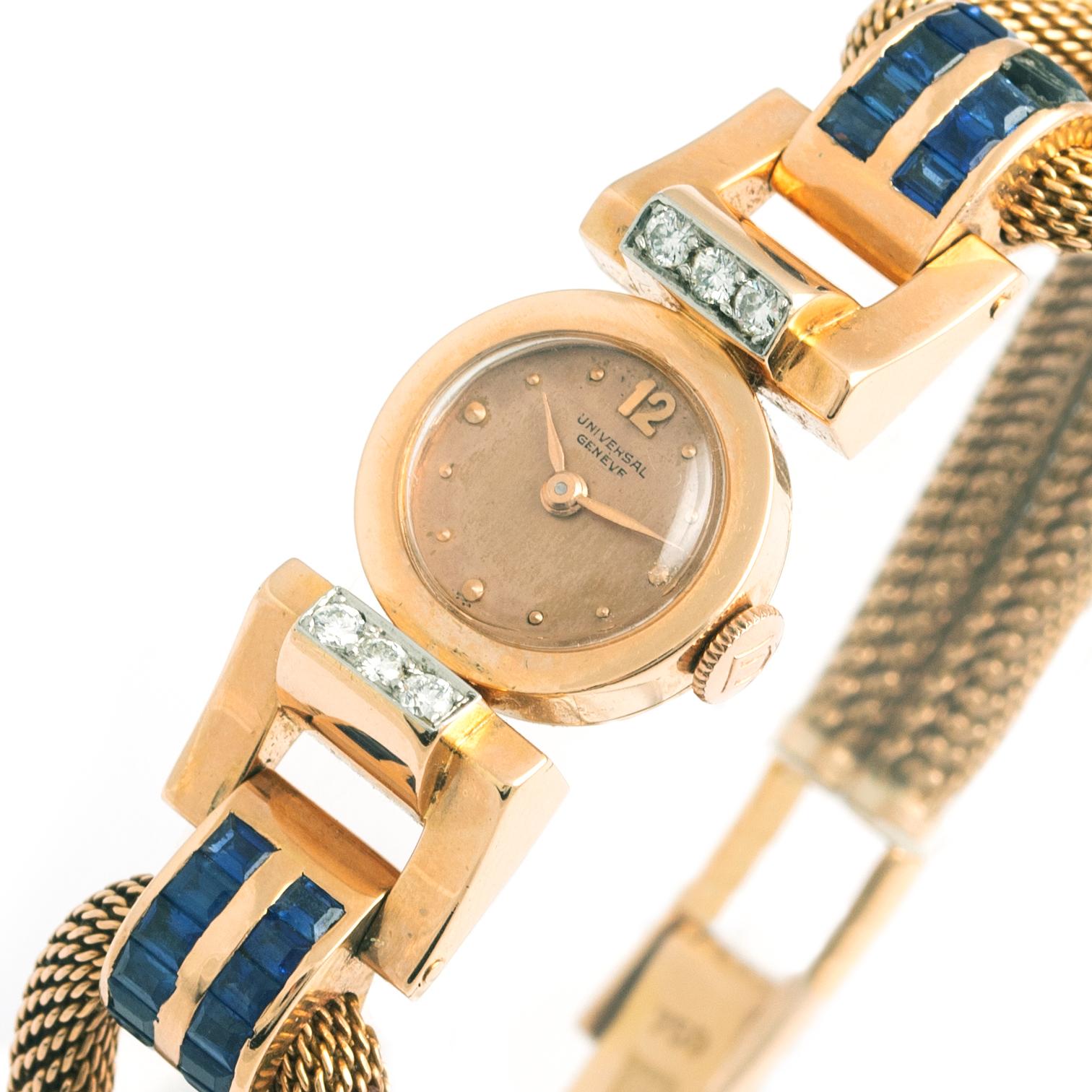 Universal Geneve Retro Diamant-Saphir-Gold-Armbanduhr 1940er Jahre im Angebot 3