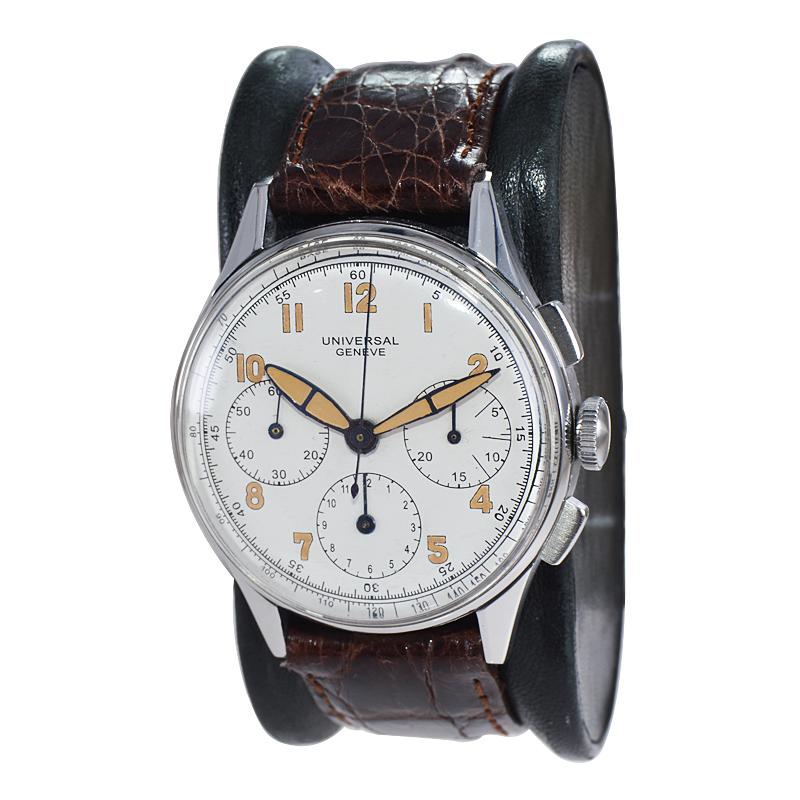 FACTORY / HOUSE: Universal Geneve Watch Co.
STYLE / REFERENCE: Aeronautical Chronograph 
METAL / MATERIAL: Stainless Steel
CIRCA / YEAR: 1940's
DIMENSIONS / SIZE: Length 45mm x Diameter 37mm
MOVEMENT / CALIBER: Manual Winding / 17 Jewels /