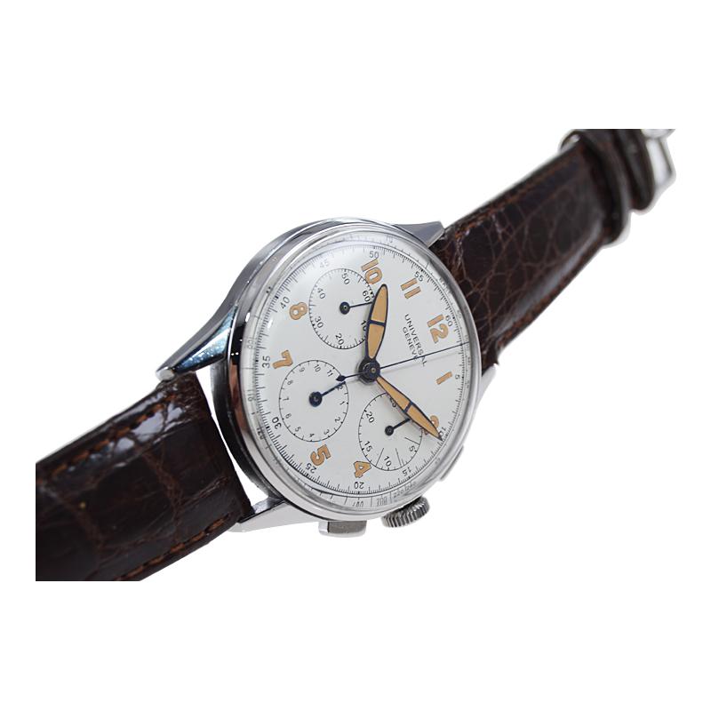 Women's or Men's Universal Geneve Stainless Steel Aero Compax 3 Register Chronograph circa 1940's For Sale