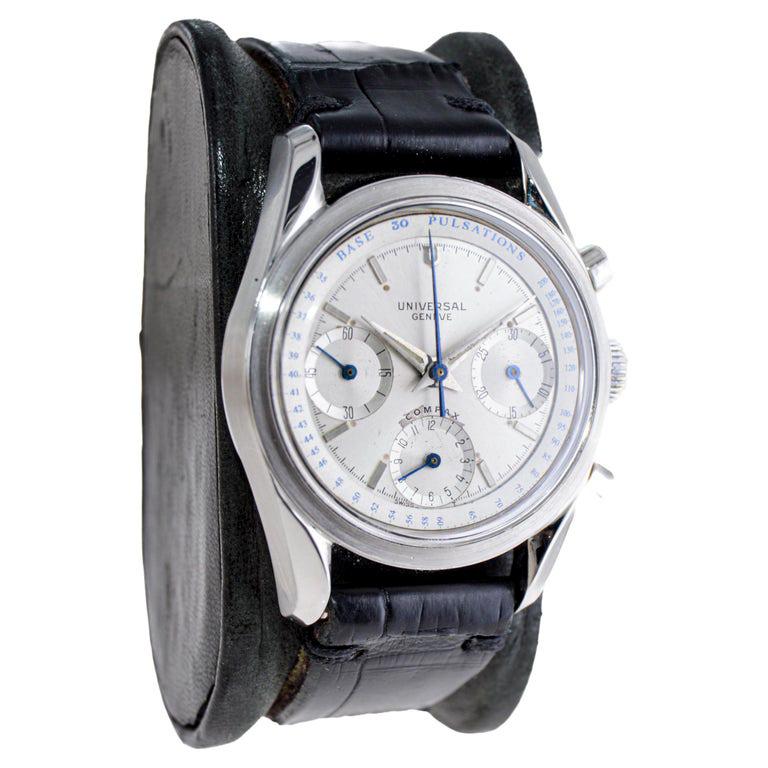 FACTORY / HOUSE: Universal Geneve Watch Company
STYLE / REFERENCE: Three Register Chronograph / Drs. Pulsation
METAL / MATERIAL: Stainless Steel 
DIMENSIONS: Length 45mm X Diameter 36mm
CIRCA: 1950's
MOVEMENT / CALIBER: Manual Winding / 17 Jewels /
