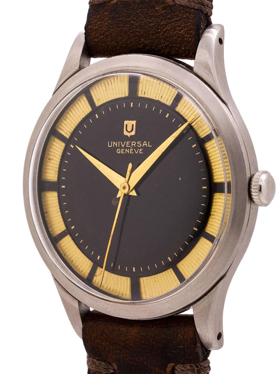 
A great looking and Universal Geneve manual wind watch, circa 1950’s. With a Polerouter style dial with black inner ring, and gold fluted outer ring with black five minute markers. Featuring a 35mm diameter, stainless steel case with snap down