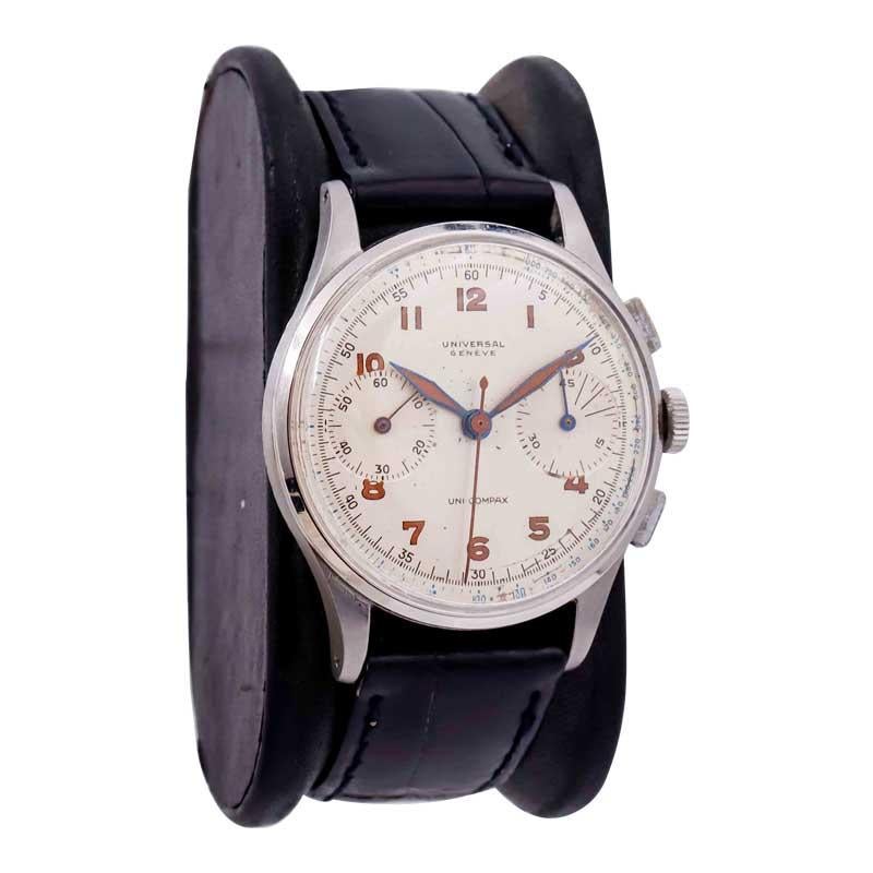 FACTORY / HOUSE: Universal Geneve Watch Company
STYLE / REFERENCE: Uni Compax 2 Register Chronograph
METAL / MATERIAL: Stainless Steel
CIRCA / YEAR: 1940's
DIMENSIONS / SIZE: Length 42mm X Diameter 35mm
MOVEMENT / CALIBER: Manual Winding / 17 Jewels