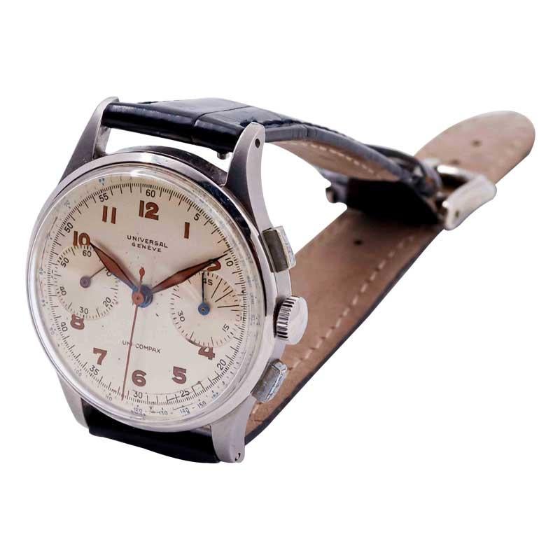 Women's or Men's Universal Geneve Stainless Steel Uni Compax Chronograph circa 1940s  For Sale