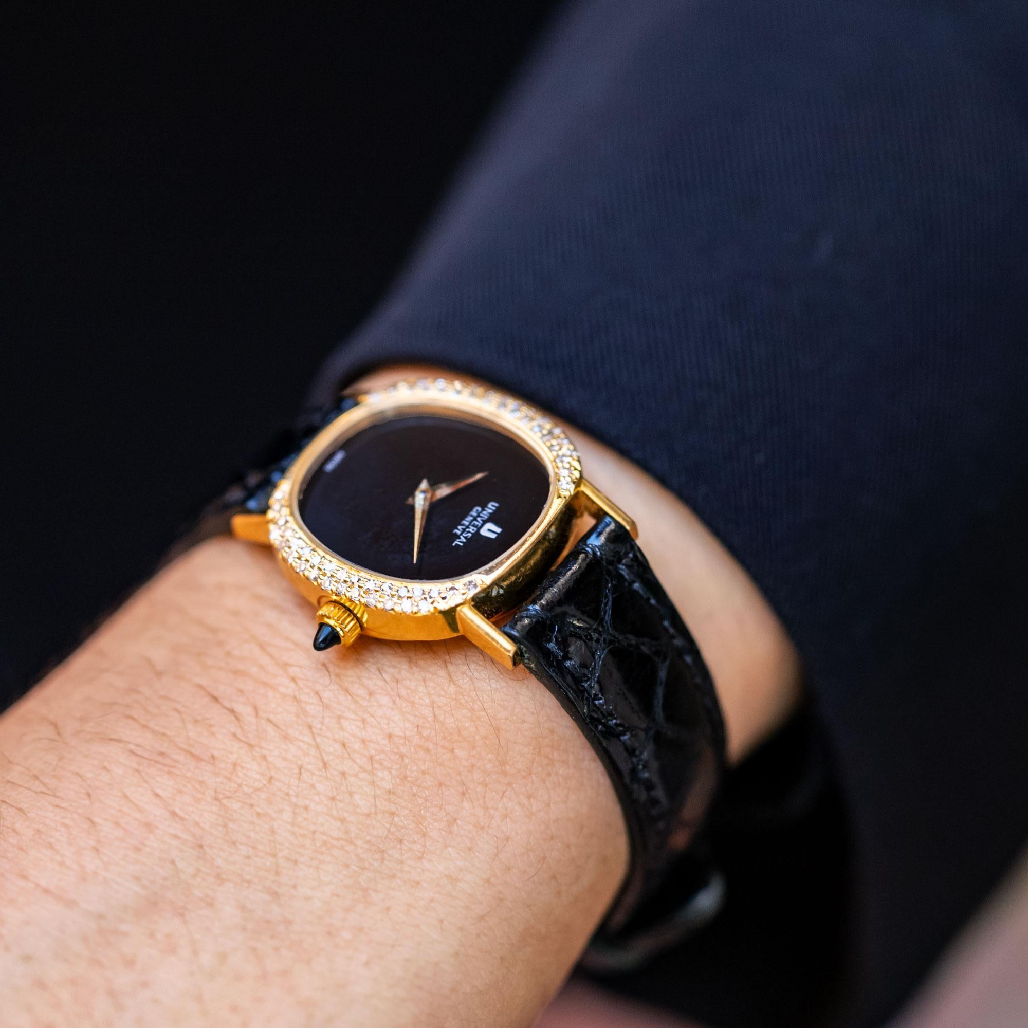 Round Cut Universal Geneve Swiss Mechanical 18k Gold & Diamond Watch For Sale
