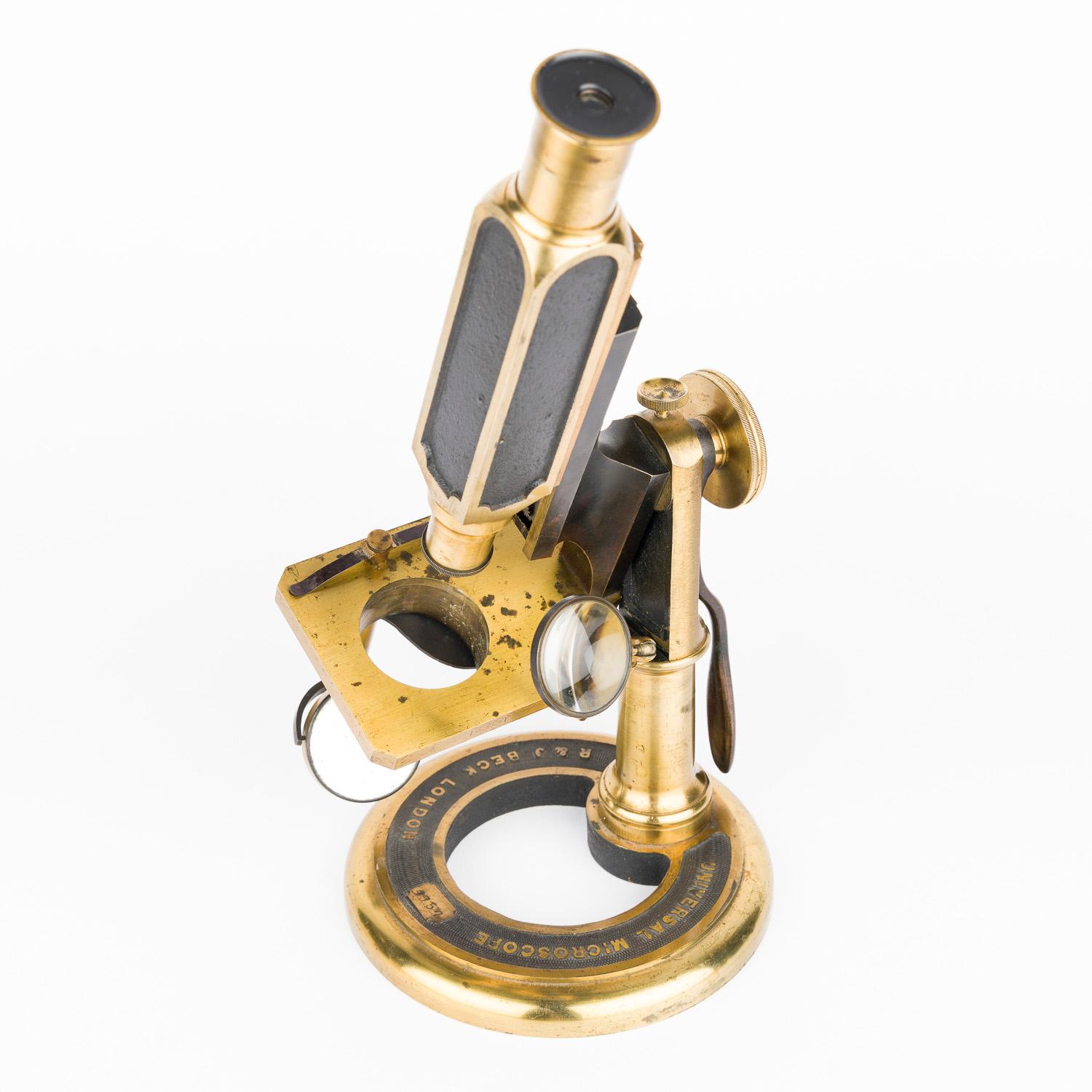 Universal Microscope by R & J Beck of London, 1867.

Serial number: 4757.

Circular base marked: UNIVERSAL MICROSCOPE - R & J BECK LONDON

In original fitted case with brass handle.

 

Literature:  Richard Beck's The Achromatic Microscope, 1865. 

