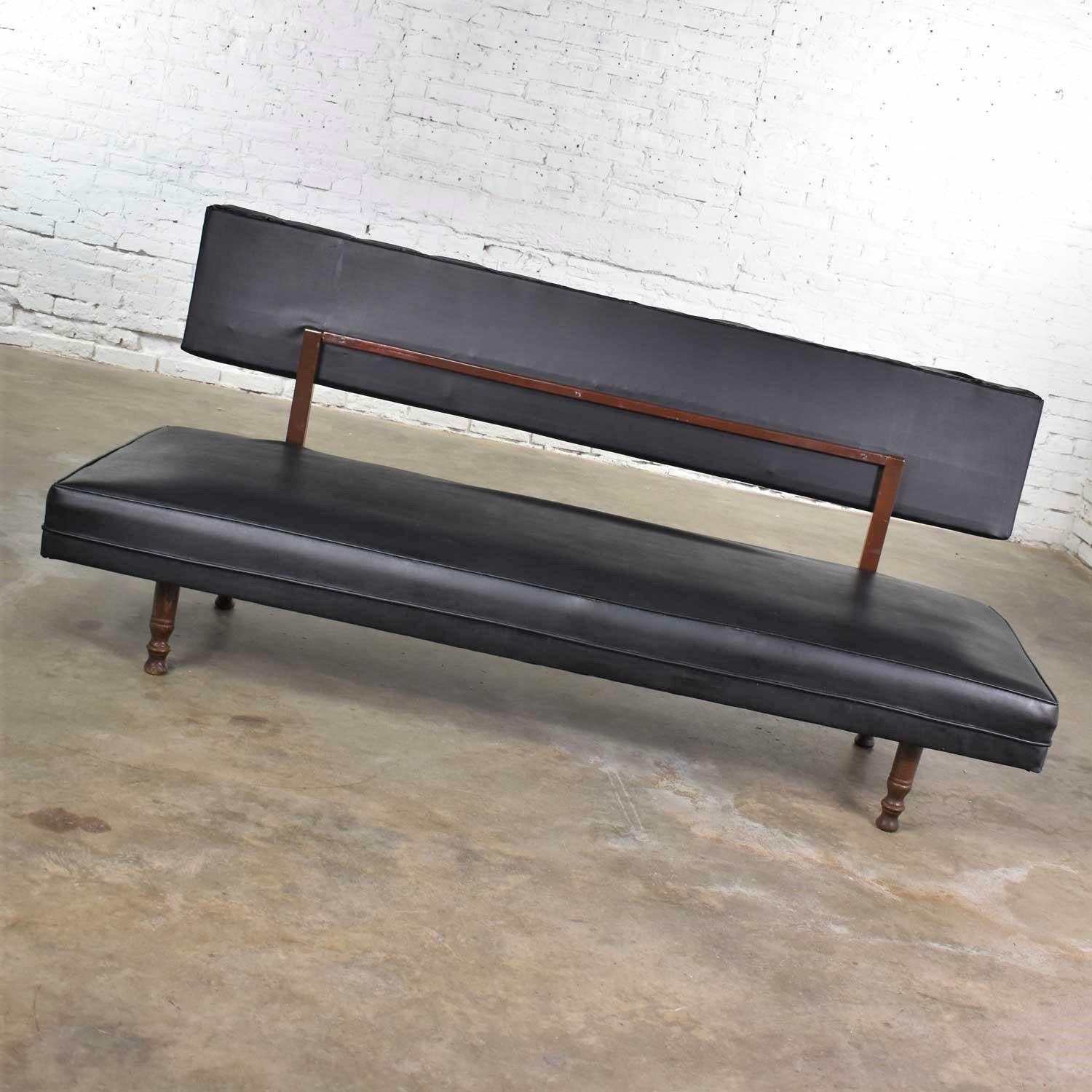 Universal of High Point Midcentury Black Vinyl Faux Leather Convertible Sofa For Sale 2