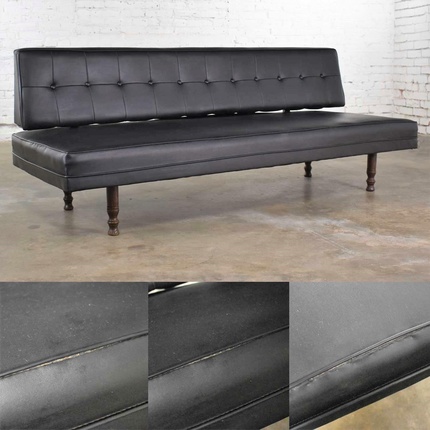 Universal of High Point Midcentury Black Vinyl Faux Leather Convertible Sofa For Sale 6