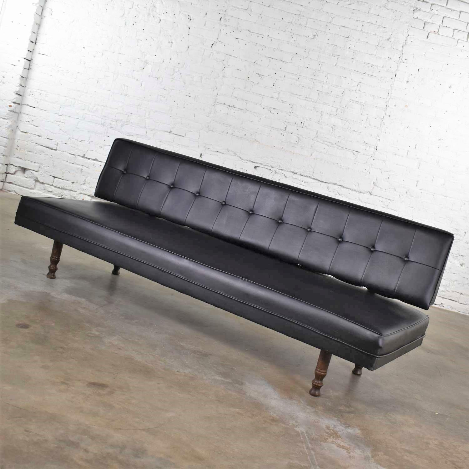 Mid-Century Modern Universal of High Point Midcentury Black Vinyl Faux Leather Convertible Sofa For Sale