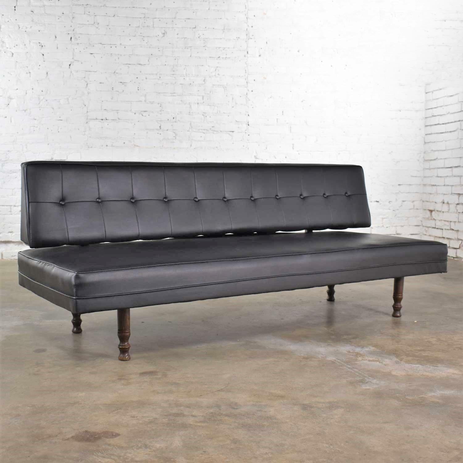 American Universal of High Point Midcentury Black Vinyl Faux Leather Convertible Sofa For Sale