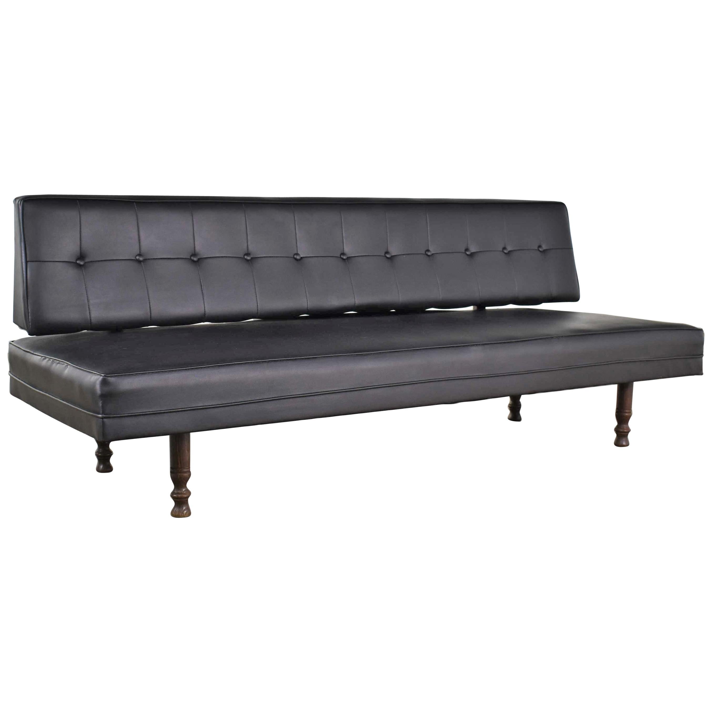 Universal of High Point Midcentury Black Vinyl Faux Leather Convertible Sofa For Sale