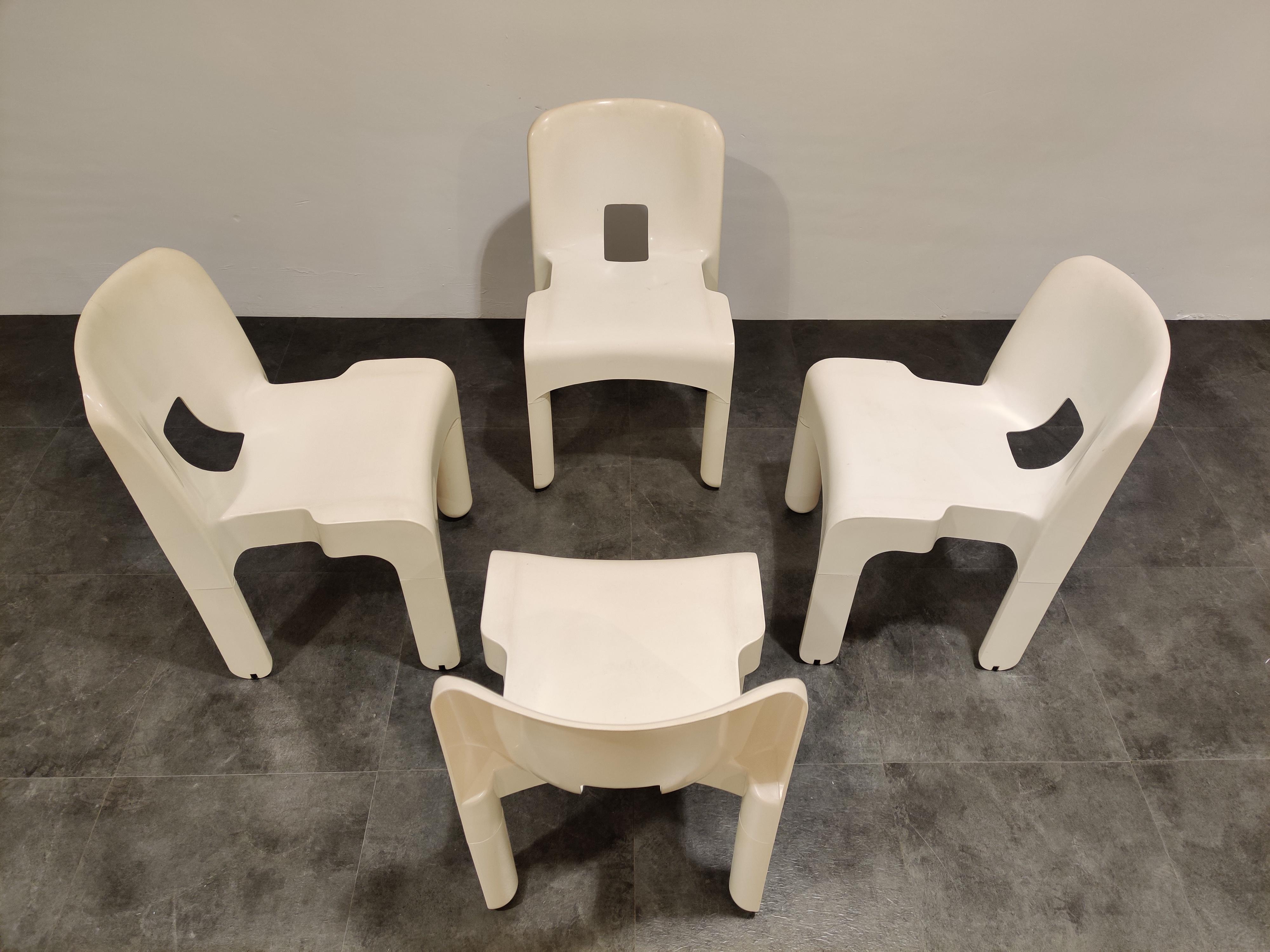 Set of 4 model 4869 chairs designed by Joe Colombo for Kartell.

Original design from 1967

This chair reflects a late-1960s enthusiasm for modern plastic furniture that was particularly strong in Italy

The name 'universale' refers to the