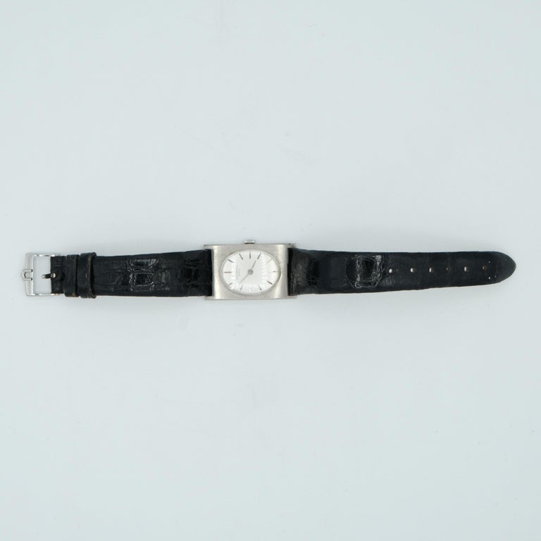 Post-War Universal White Gold 18 Karat Watch Black Leather For Sale