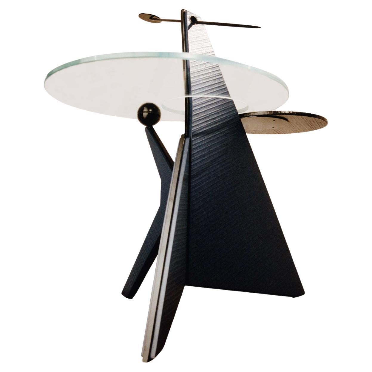 Table d'appoint Universe en métal, laiton, verre trempé et Wood Wood bleu par Artempo