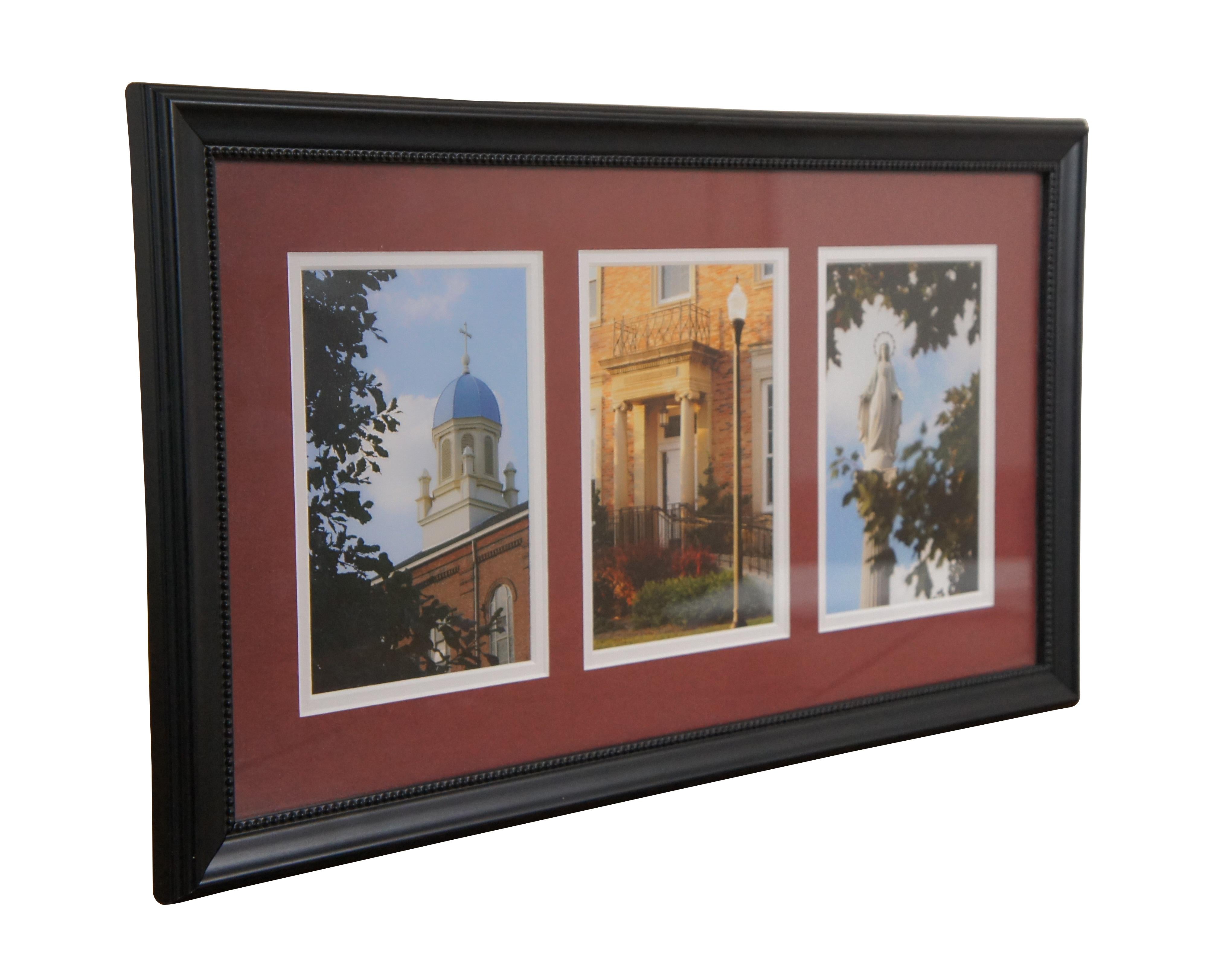 Neatly framed triptych of photographs of sites at the University of Dayton, Ohio campus including the dome of the Chapel of the Immaculate Conception, the porch of Albert Emmanuel Hall, and the statue of the Virgin Mary that stands between St.