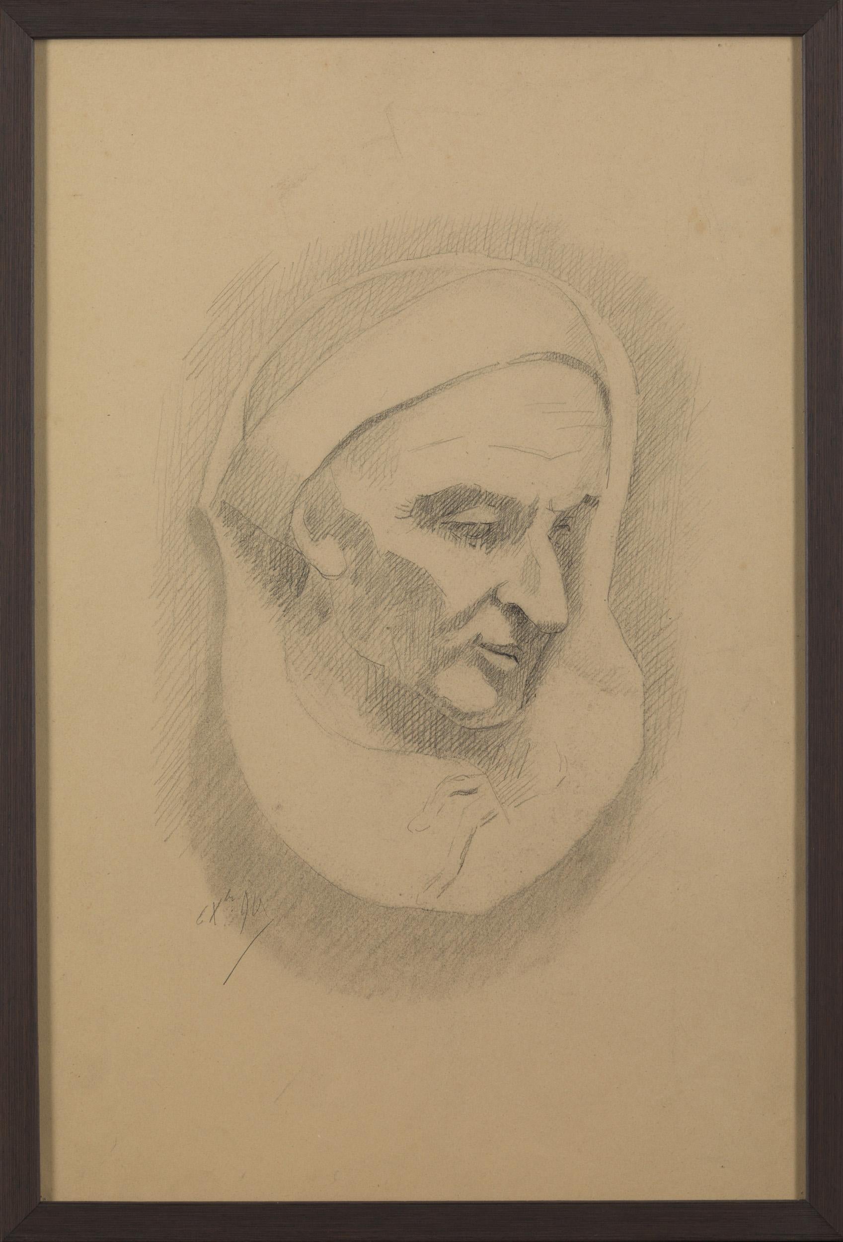 French Unknown Academy Student 19th C Drawing, Man Face