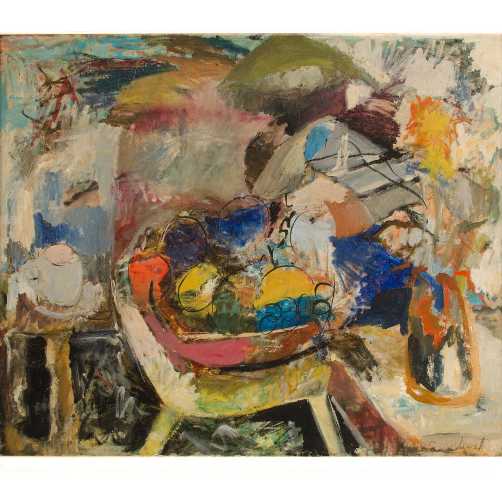Abstract Still life of bowl of fruit on table
 - Oil on Canvas , signed lower right 
