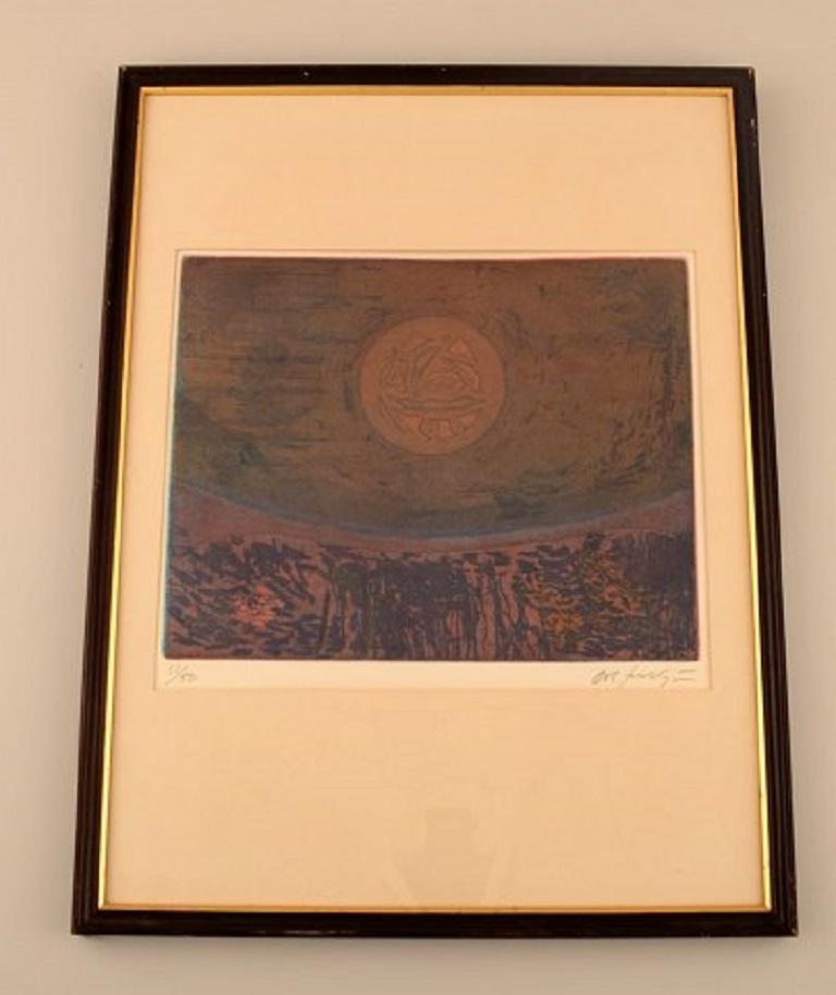 Unbekannter Künstler. Farblithographie. Abstrakte Landschaft, 1960er Jahre.
Sichtbare Abmessungen: 25 x 20 cm.
Abmessungen insgesamt: 39 x 29 cm.
Der Rahmen misst: 1 cm.
In ausgezeichnetem Zustand.
Unterschrieben.